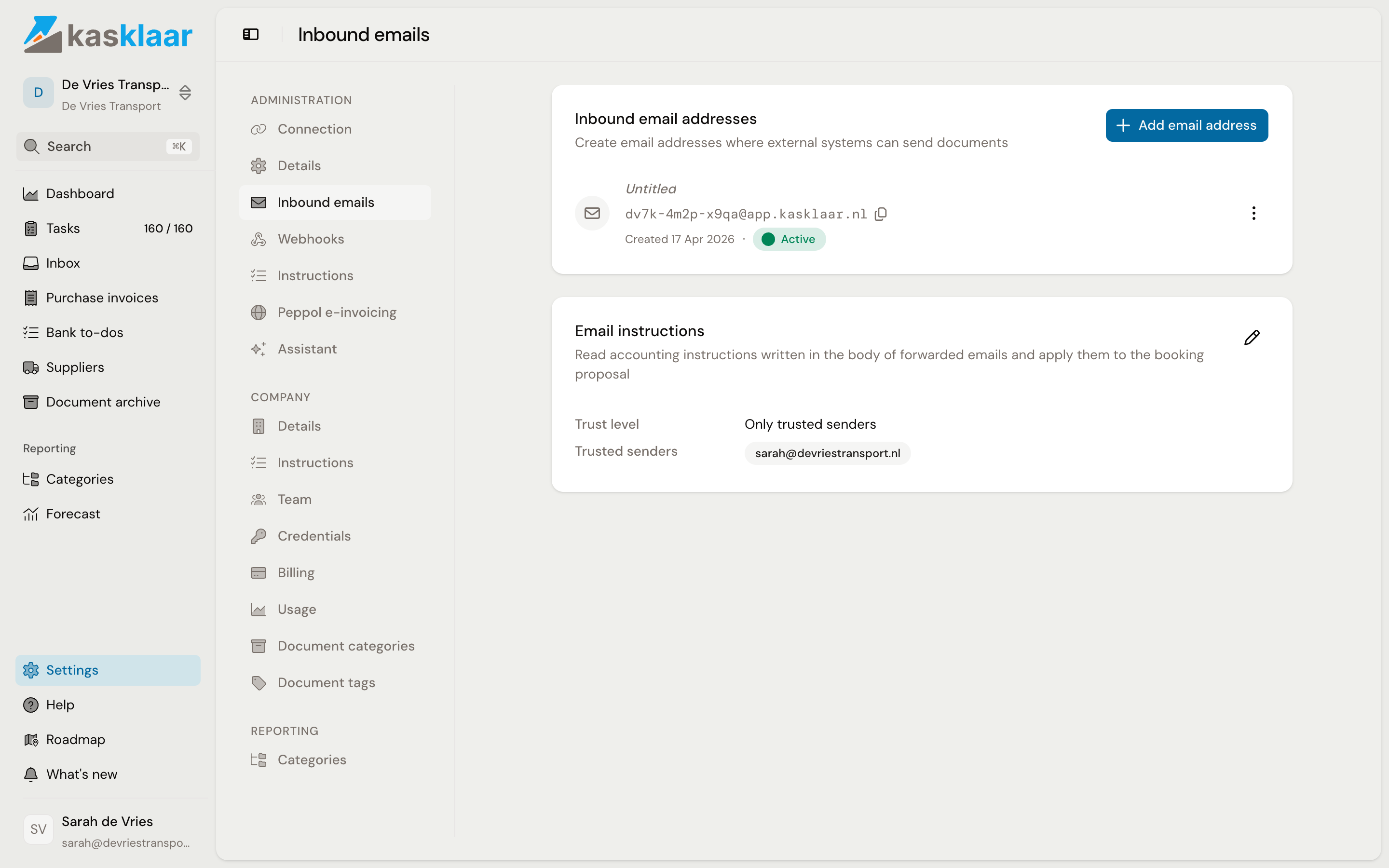 The Inbound emails page with the administration's generated address, the status Active and the Email instructions block below it