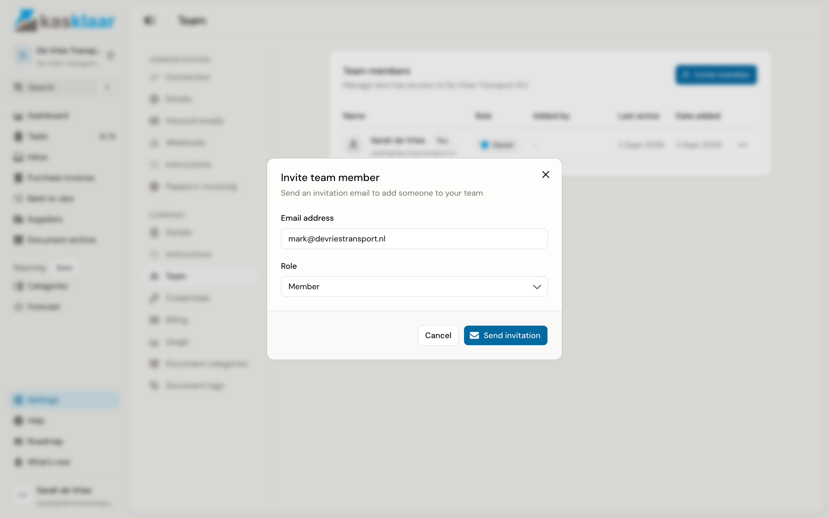 The Invite team member dialog with an email address and the role Member