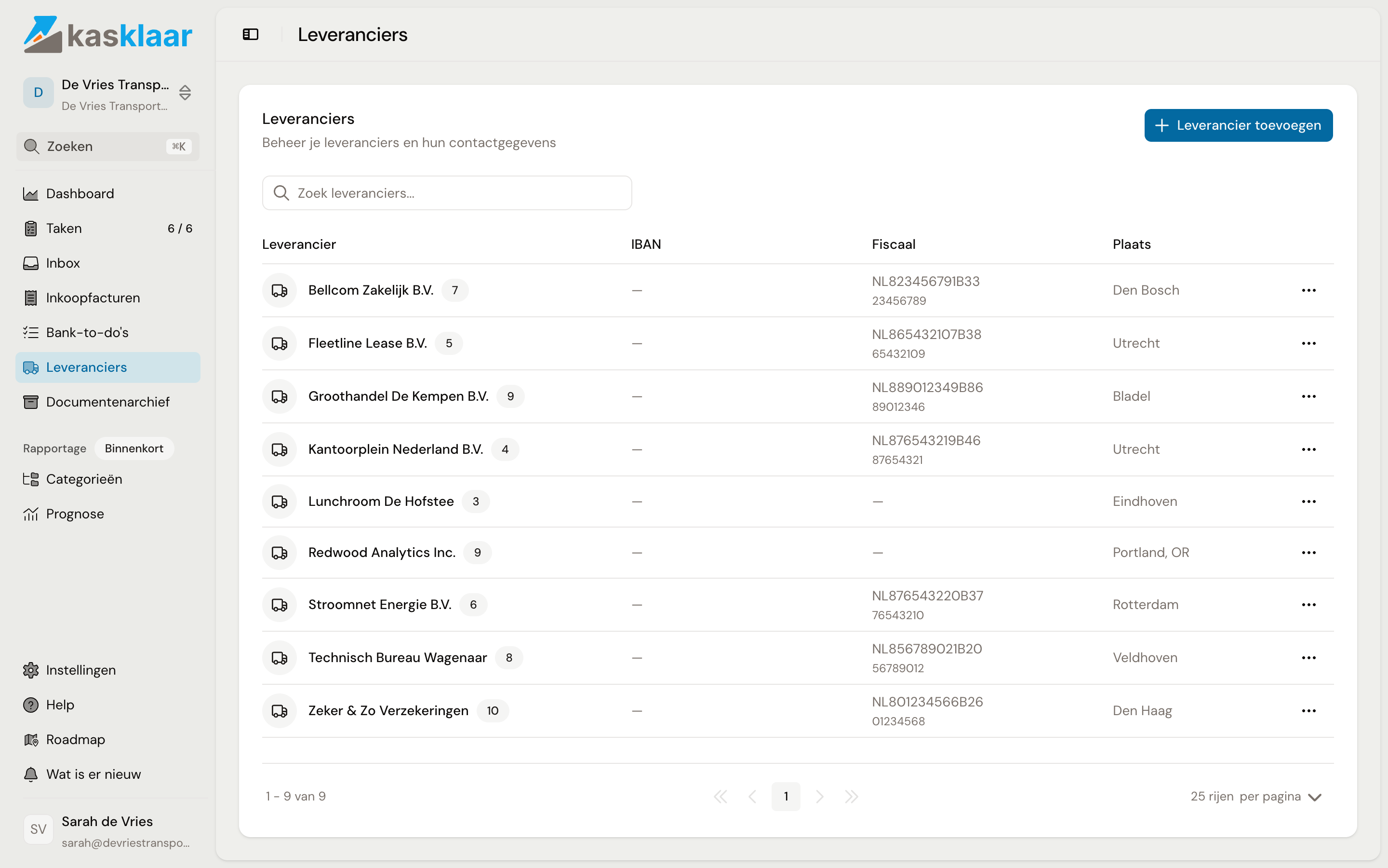 De pagina Leveranciers met negen leveranciers, per rij IBAN, BTW- en KvK-nummer en plaats