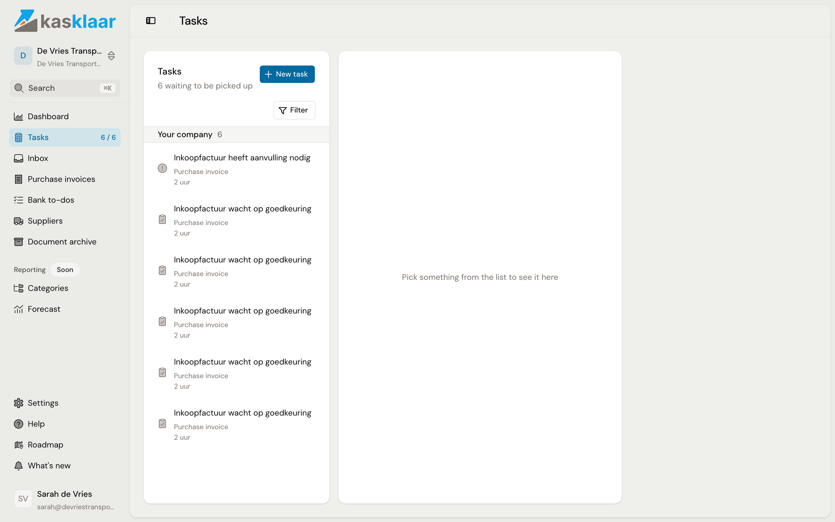 The Tasks page with six waiting tasks under Your company and the empty detail pane on the right