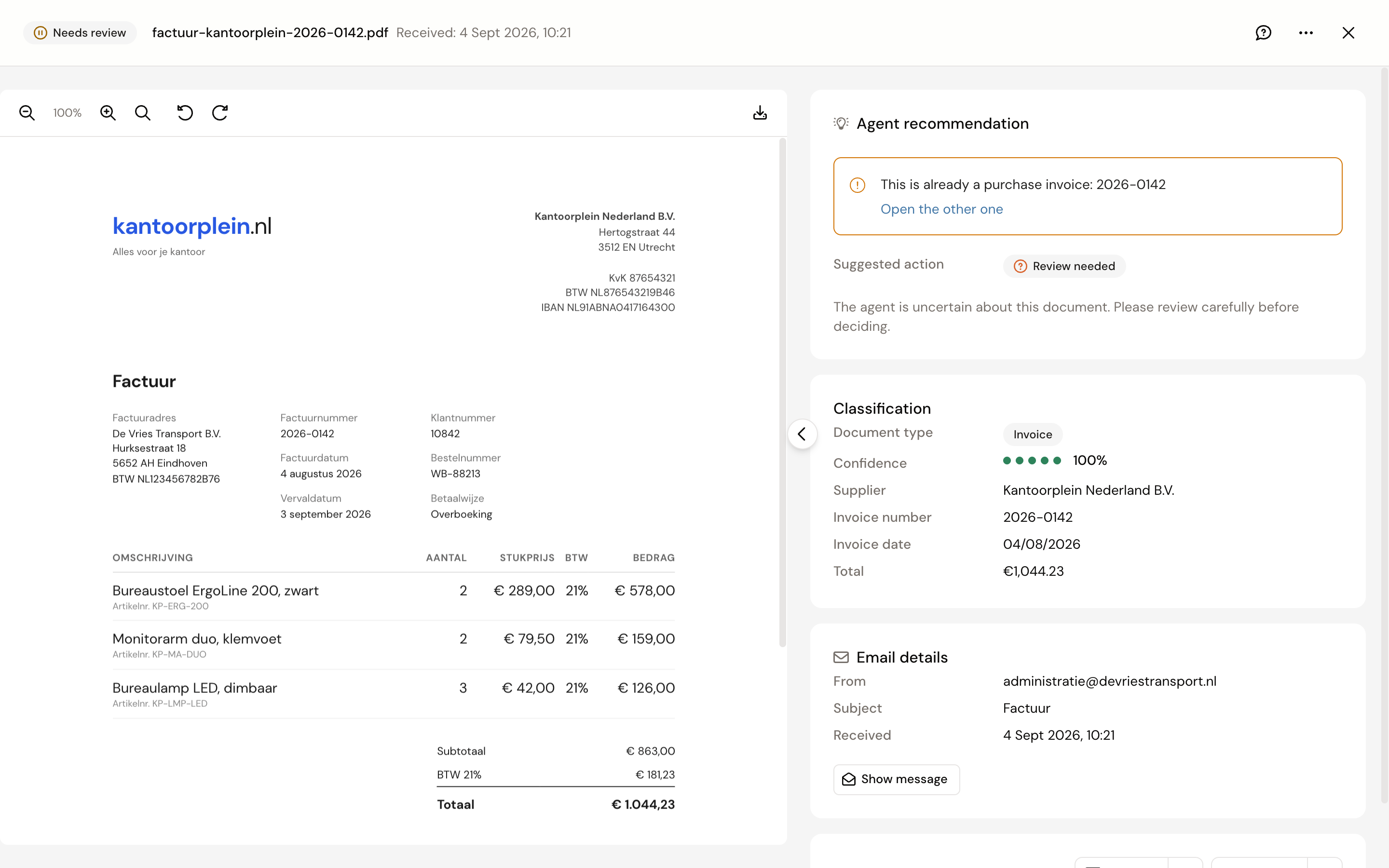 An Inbox document with the amber notice This is already a purchase invoice and the link Open the other one
