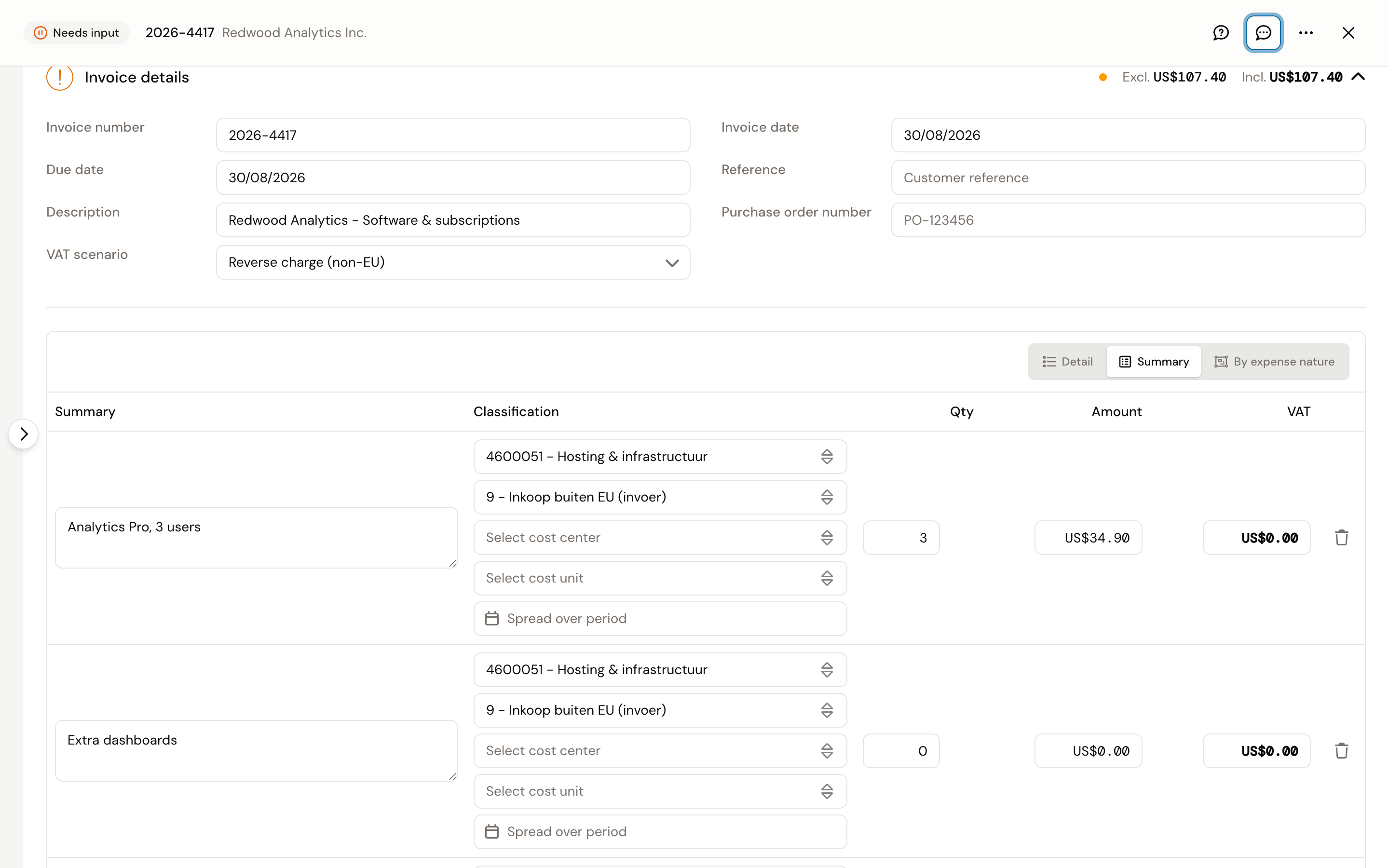 The lines table in edit mode, with the Detail, Summary and By expense nature switch at the top and per line fields for GL account, VAT code, quantity and amount