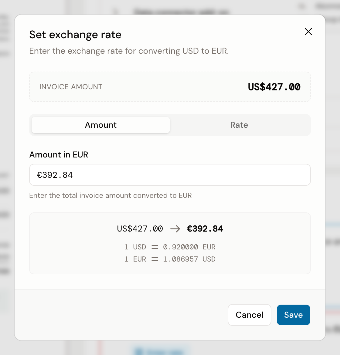 The Set exchange rate window on the Amount tab, with the invoice amount in dollars at the top and the conversion to euros below
