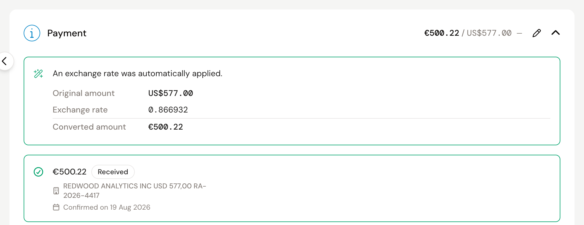 The Payment block of an invoice in dollars, with the green notice that an exchange rate was applied automatically and below it the original amount, the exchange rate and the converted amount