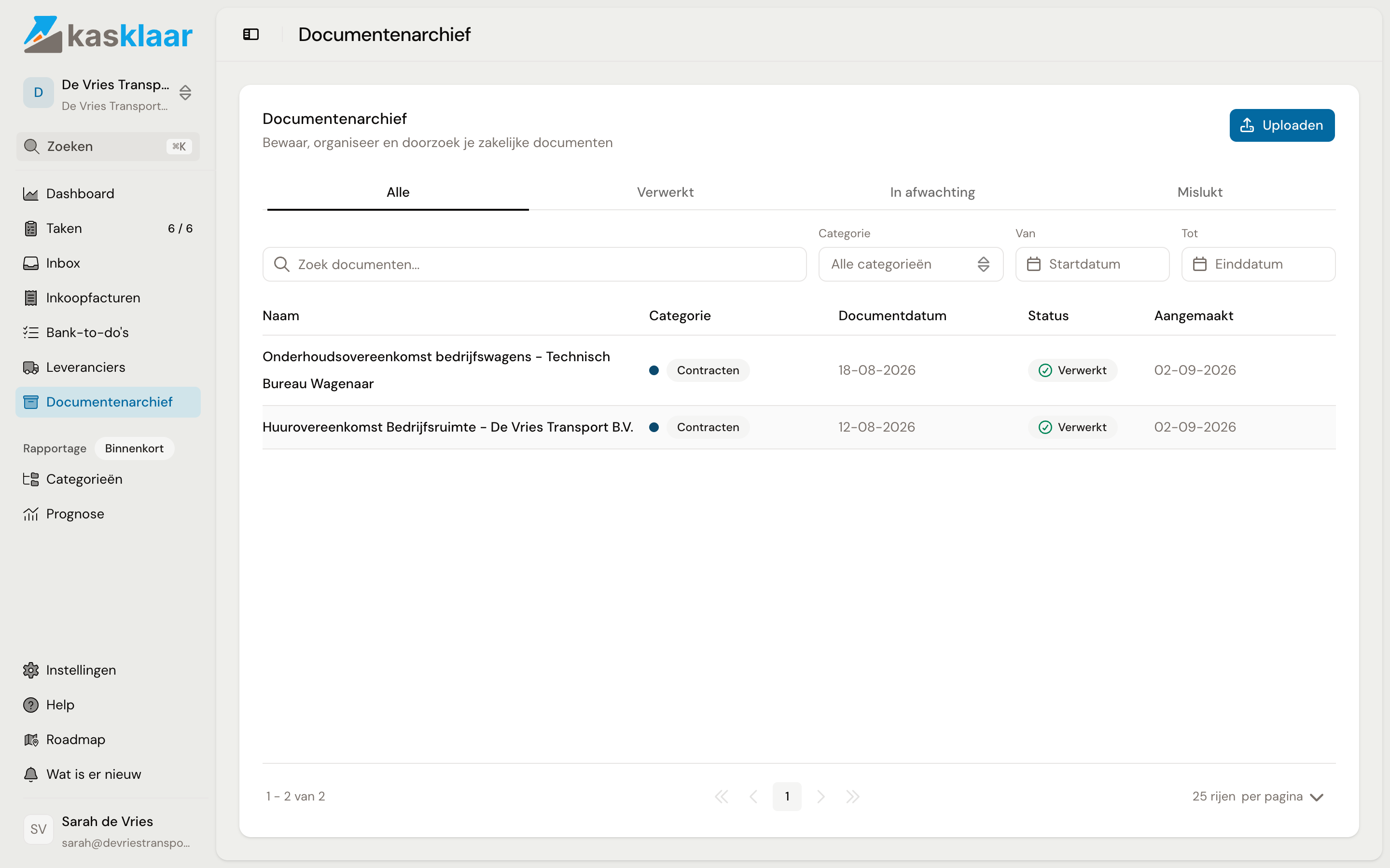 Het Documentenarchief met twee contracten, elk met categorie, documentdatum en status Verwerkt