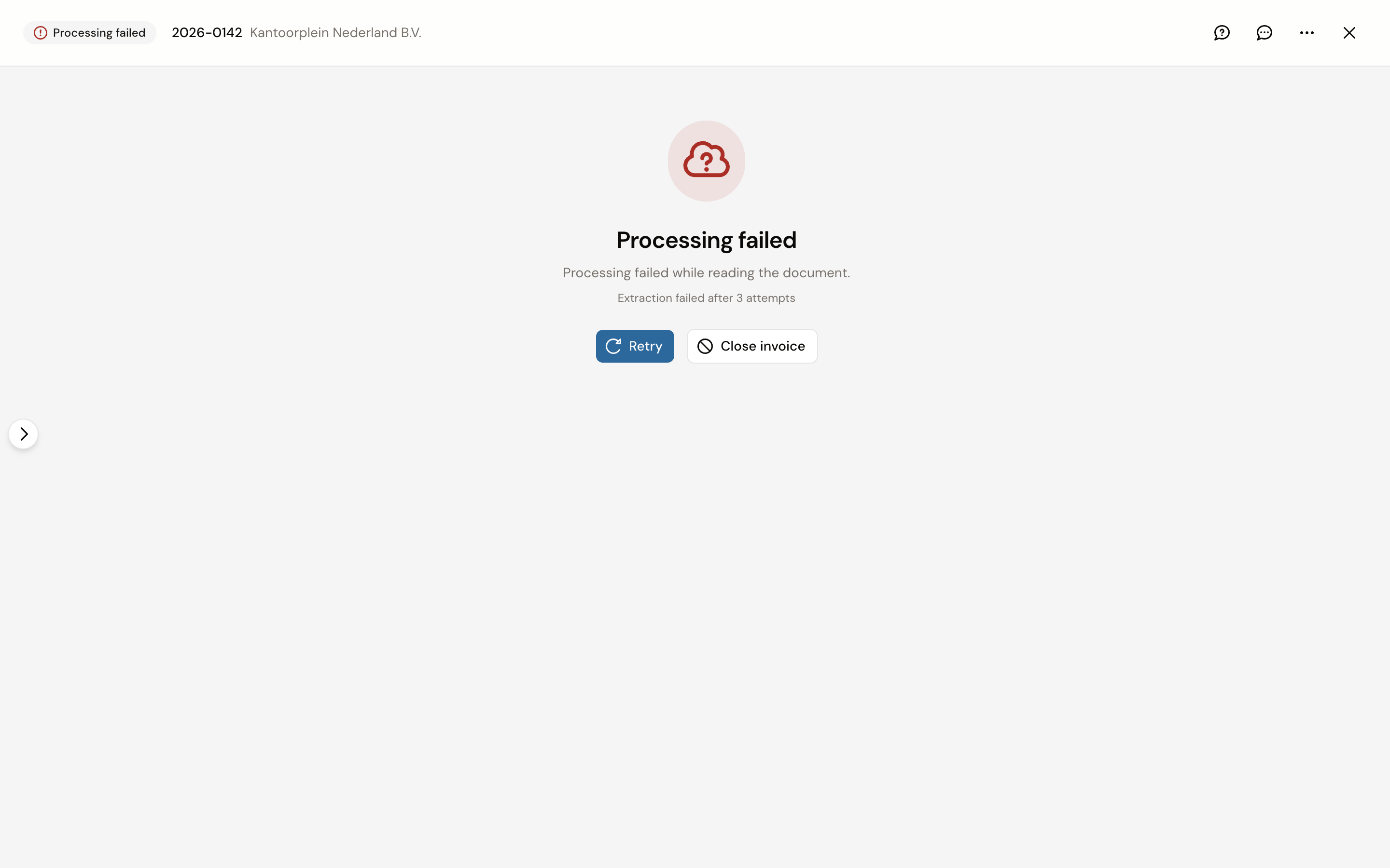 The failed screen of an invoice: the Processing failed heading, the reason below it and the Retry and Close invoice buttons