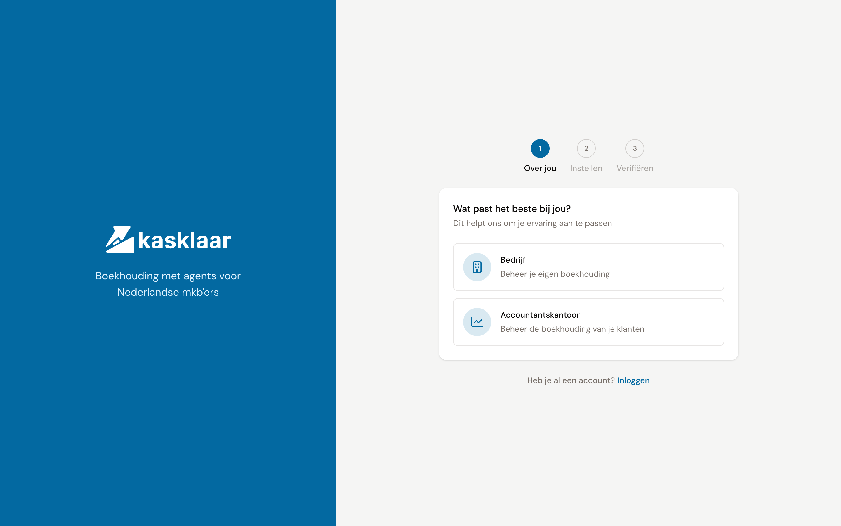 Het eerste scherm van de registratie, met de keuze tussen Bedrijf en Accountantskantoor