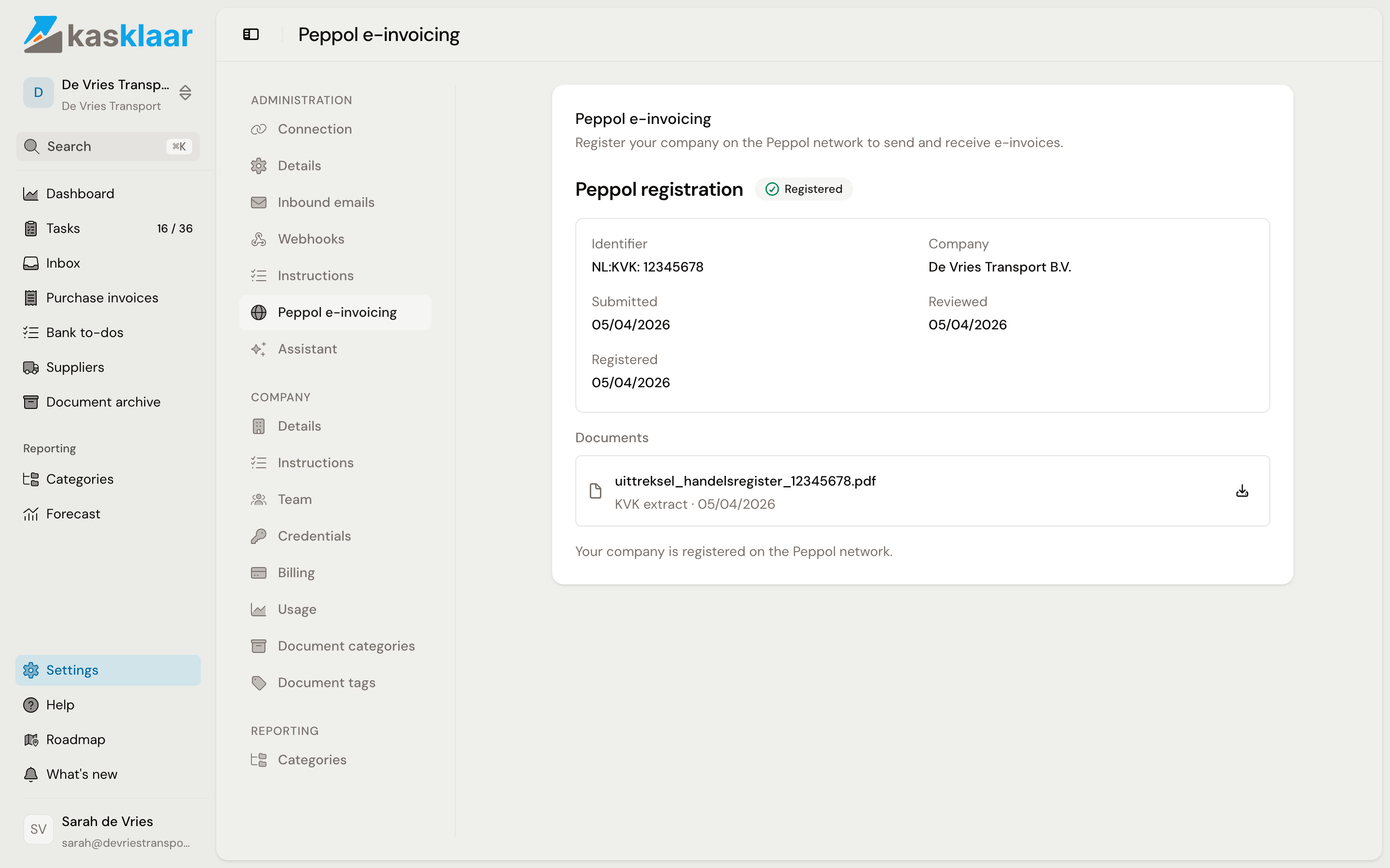 The Peppol registration status card with the Registered badge, the NL:KVK identifier, the company, the dates of submission, review and registration, and the uploaded KVK extract