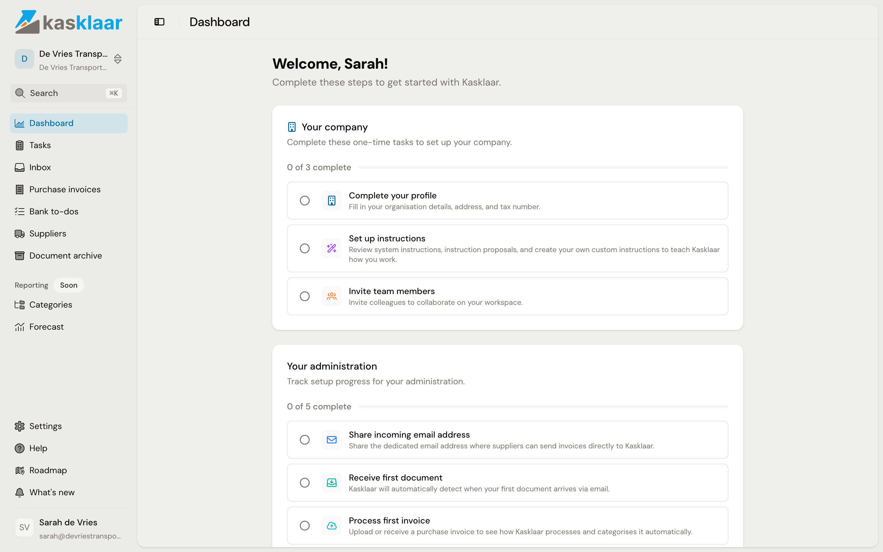 The checklist on the dashboard with the three tasks under Your company