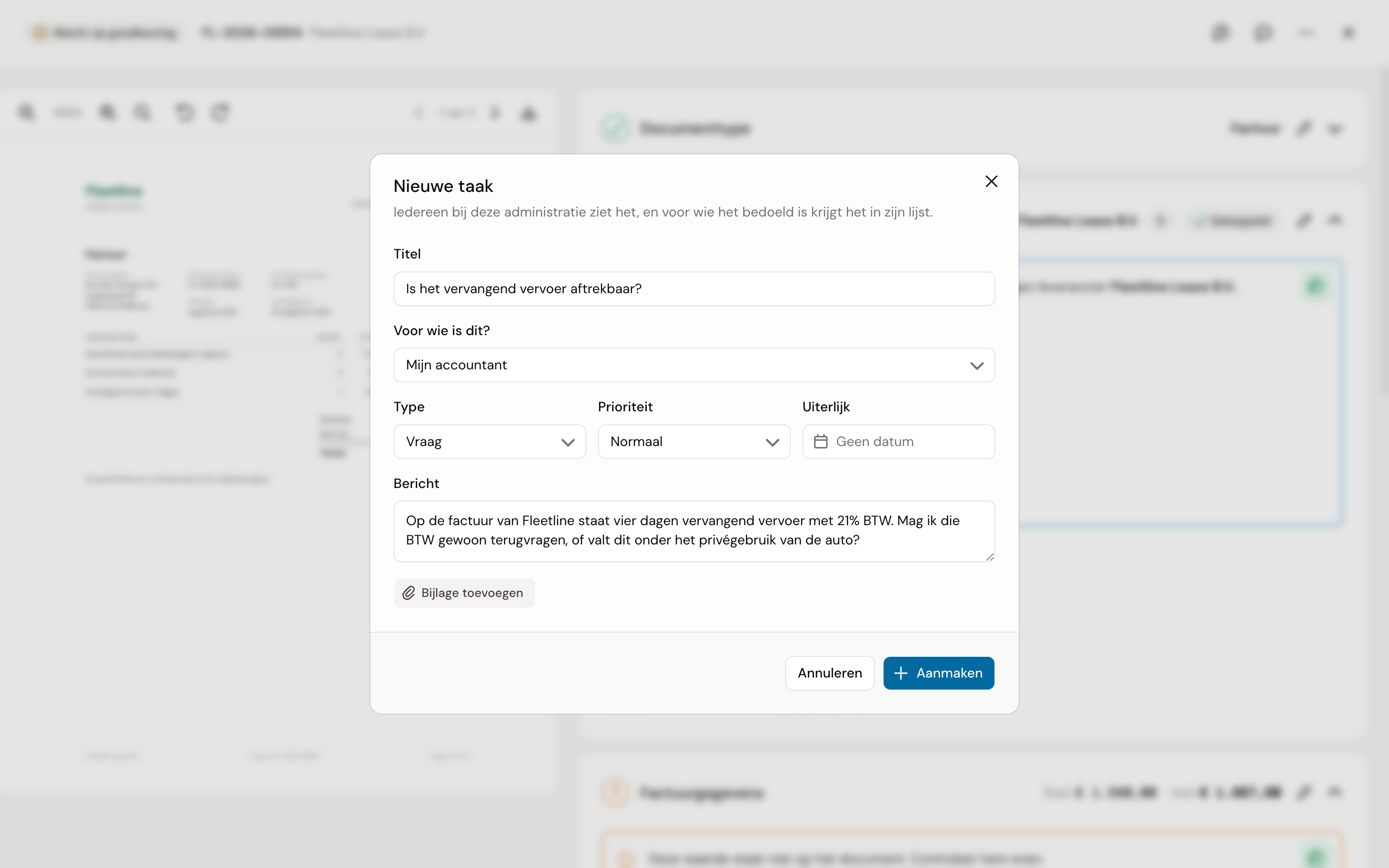 De dialoog Nieuwe taak, geopend vanaf een factuur, met Mijn accountant bij Voor wie is dit, het type Vraag en een vraag over de BTW