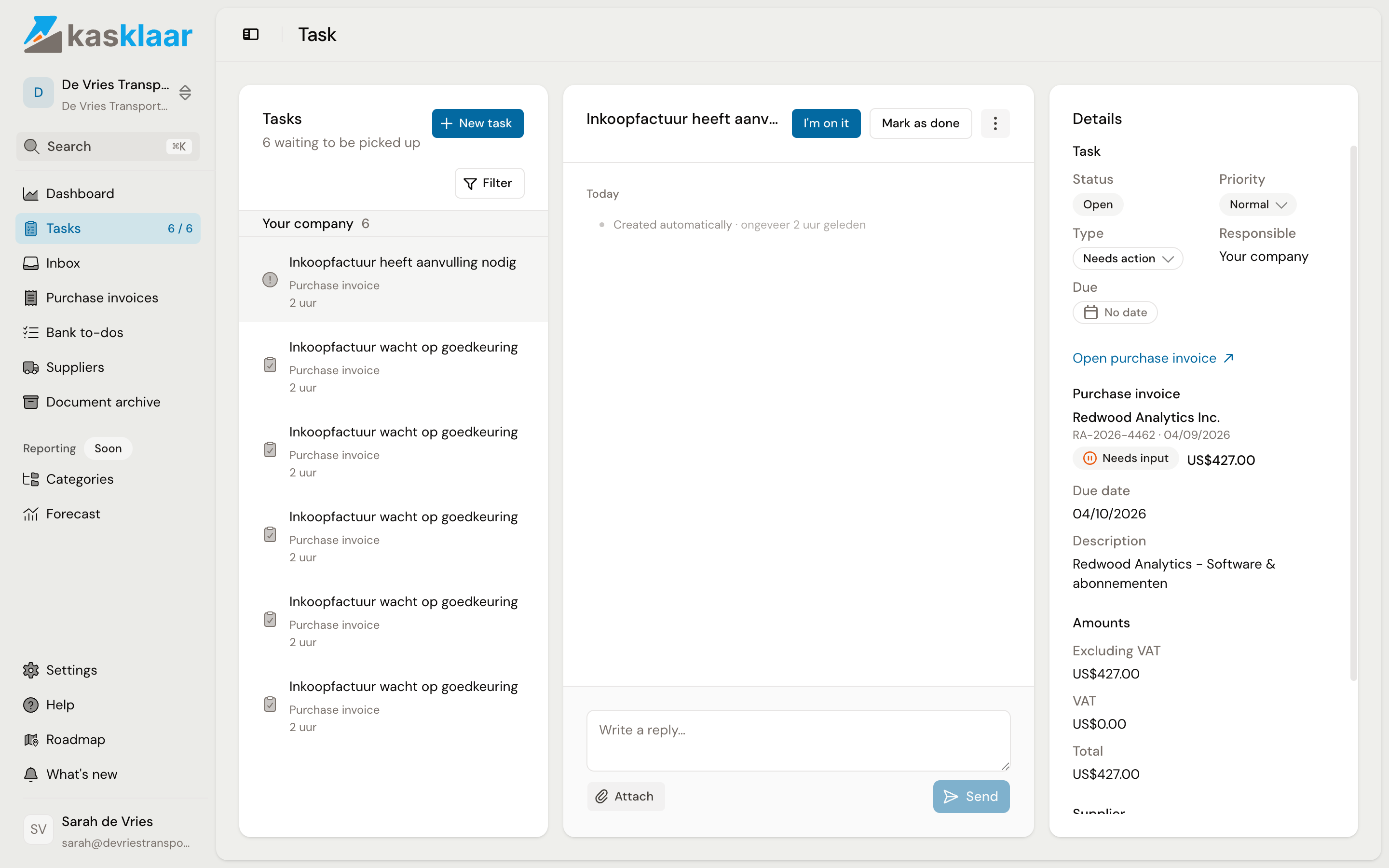 An opened task with the buttons I'm on it and Mark as done, the conversation in the middle and the purchase invoice details on the right