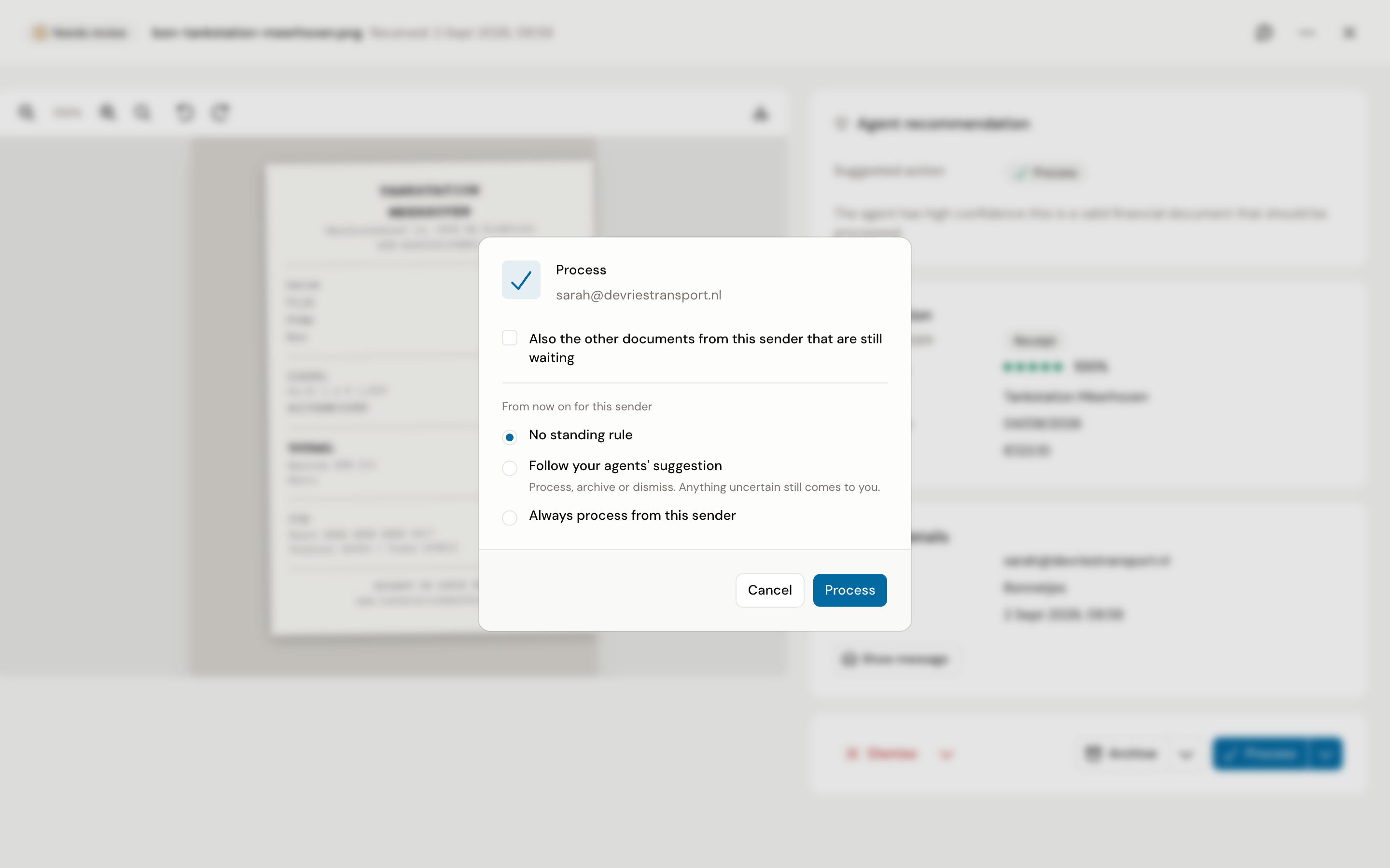 The Process dialog for a sender, with the checkbox for the other waiting documents and the choice From now on for this sender