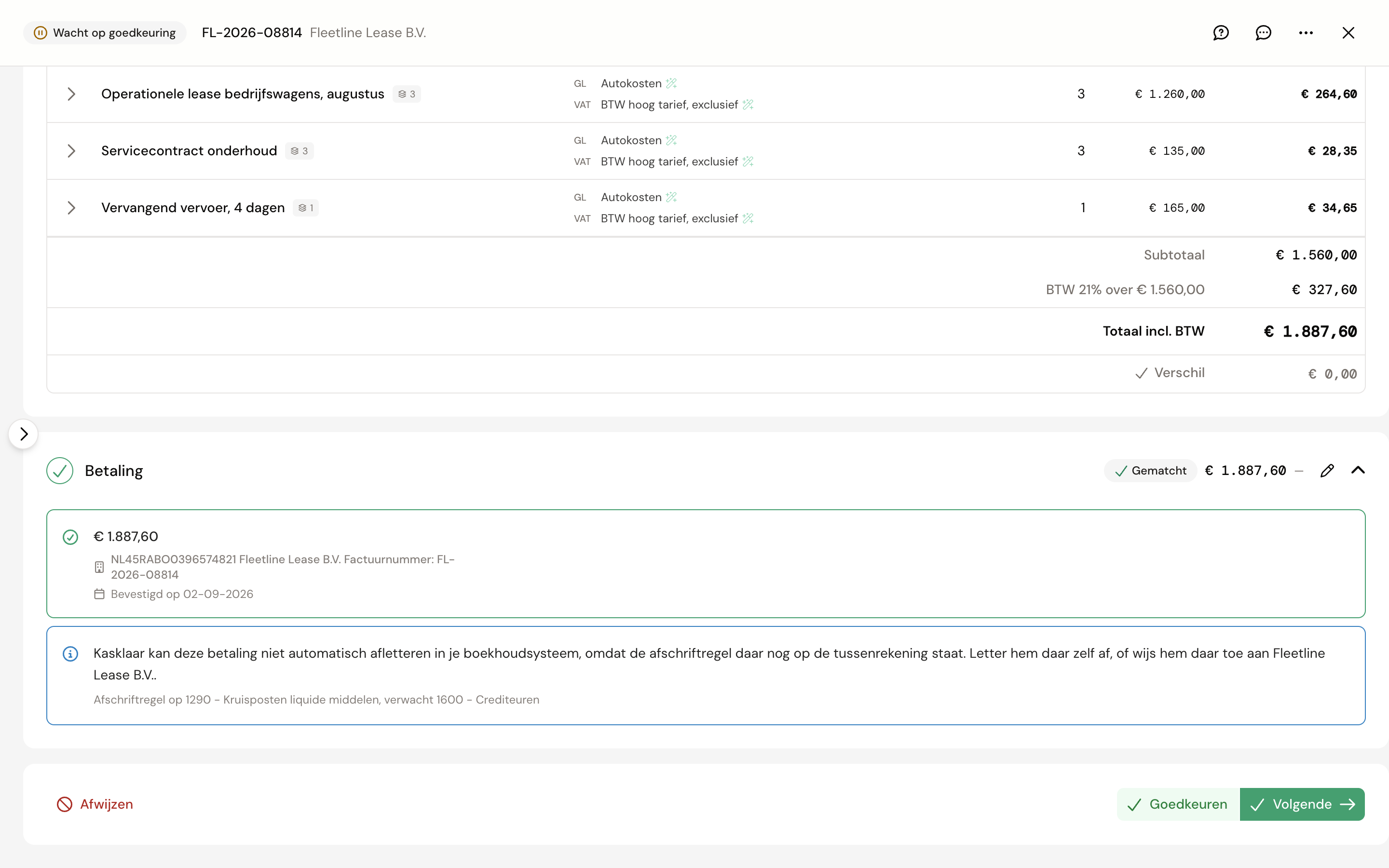 De sectie Betaling met de badge Gematcht, de gekoppelde banktransactie van Fleetline Lease en daaronder de melding dat de afschriftregel in Exact nog op de tussenrekening staat