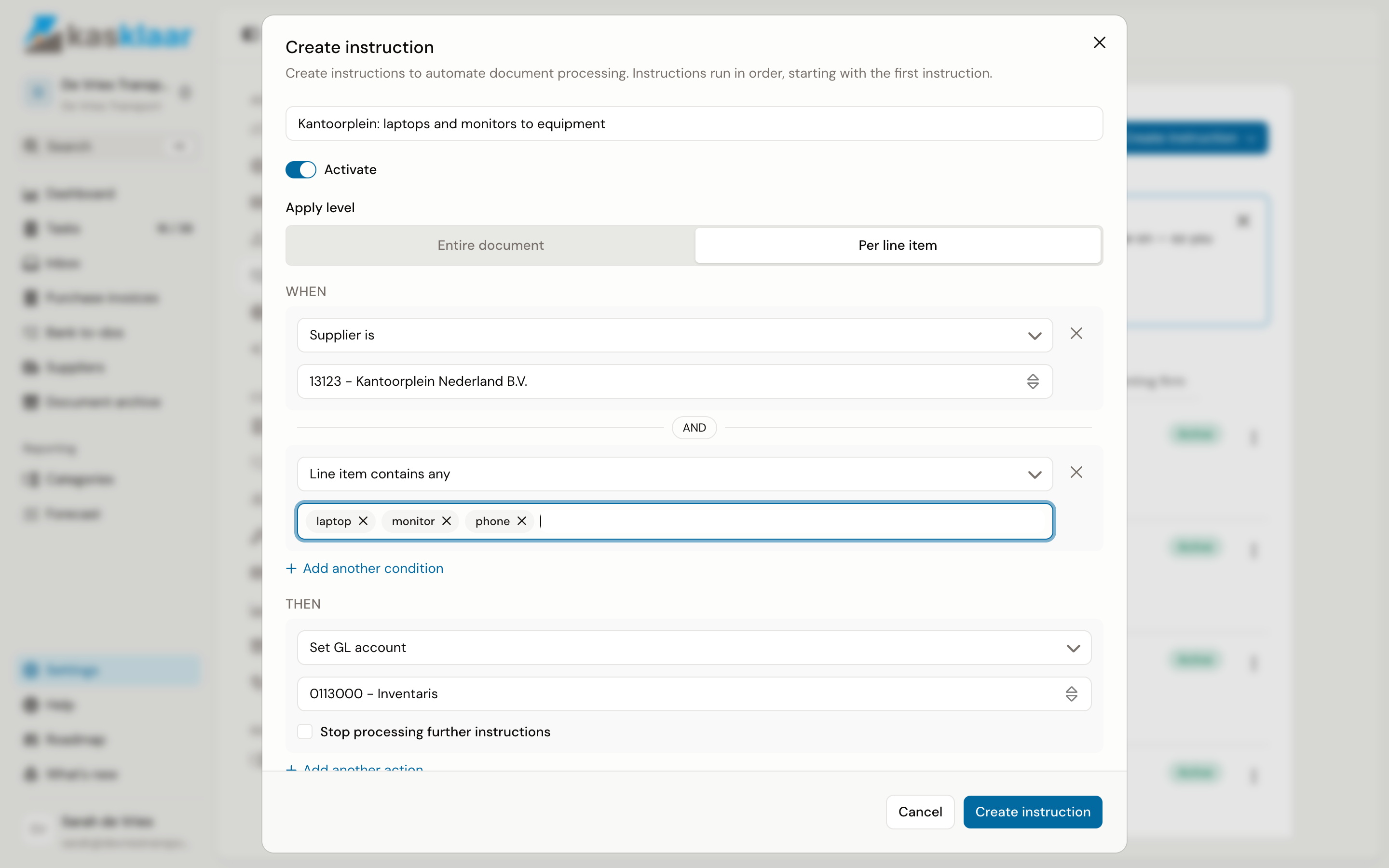 The Create instruction form, filled in with the conditions Supplier is Kantoorplein Nederland B.V. and Line item contains any laptop, monitor, phone, and the action Set GL account to Inventaris