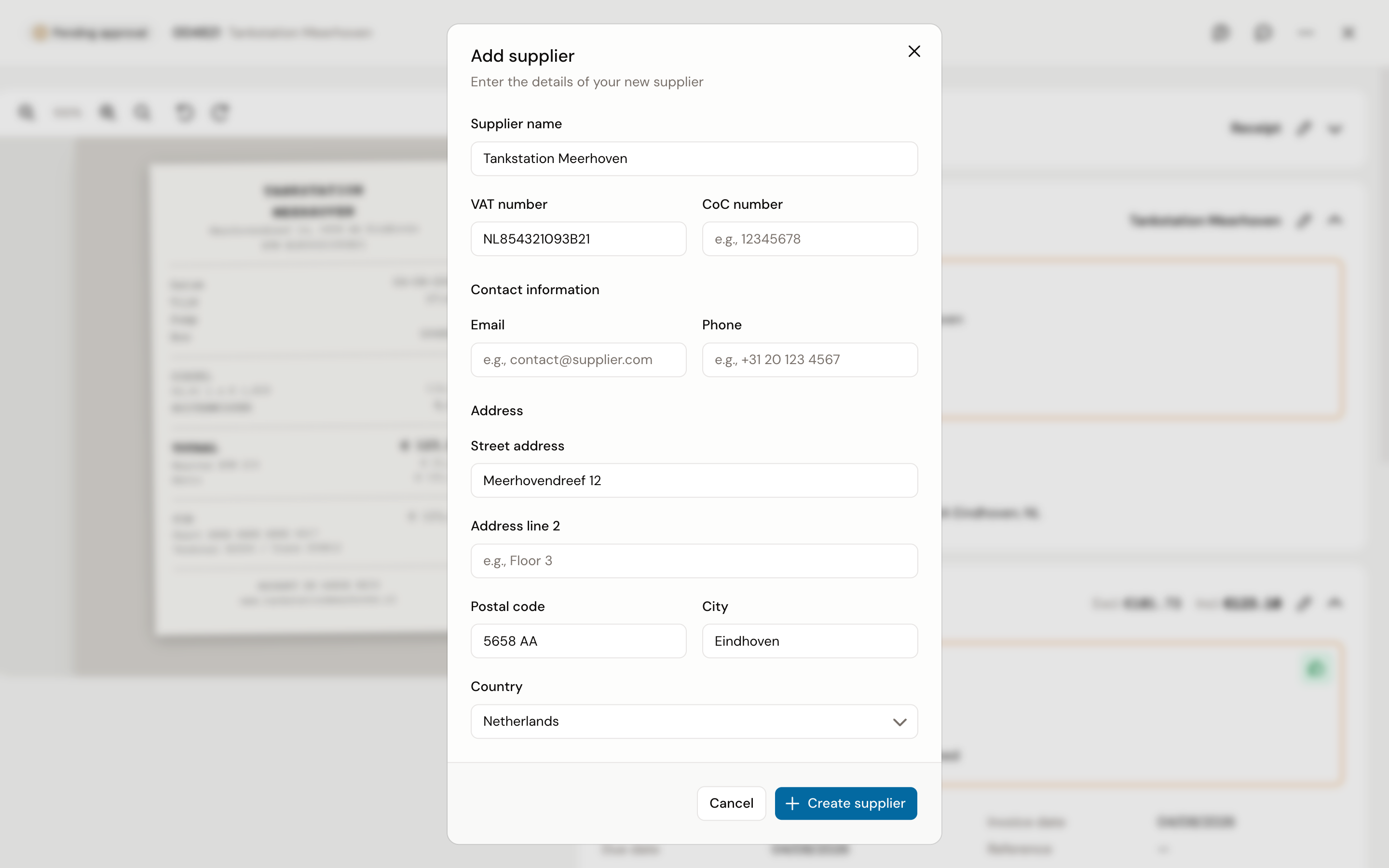 The Add supplier form, prefilled with the details from the fuel receipt