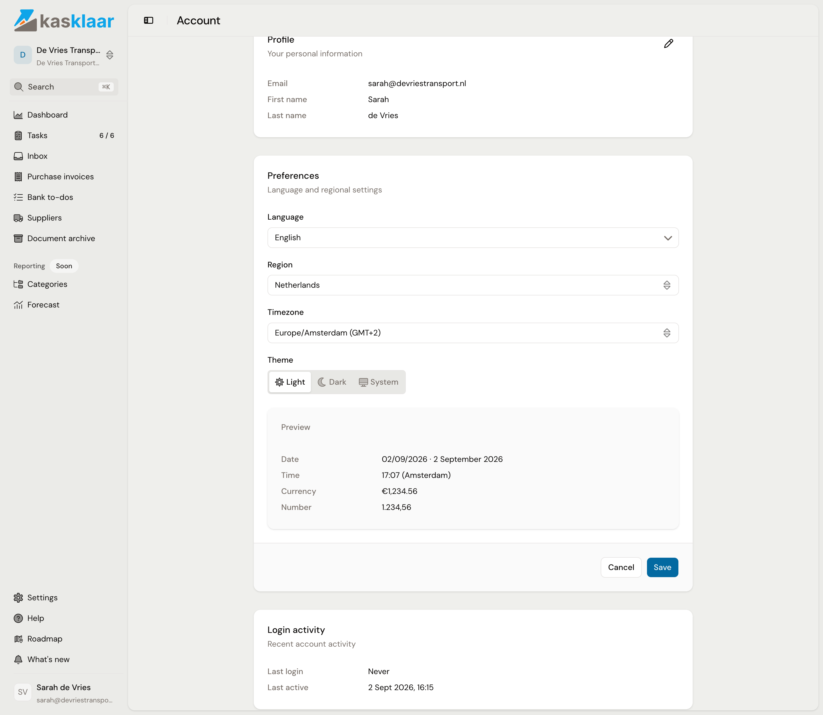 The Preferences form with language, region, timezone and theme, and below it the preview of date, time, currency and number