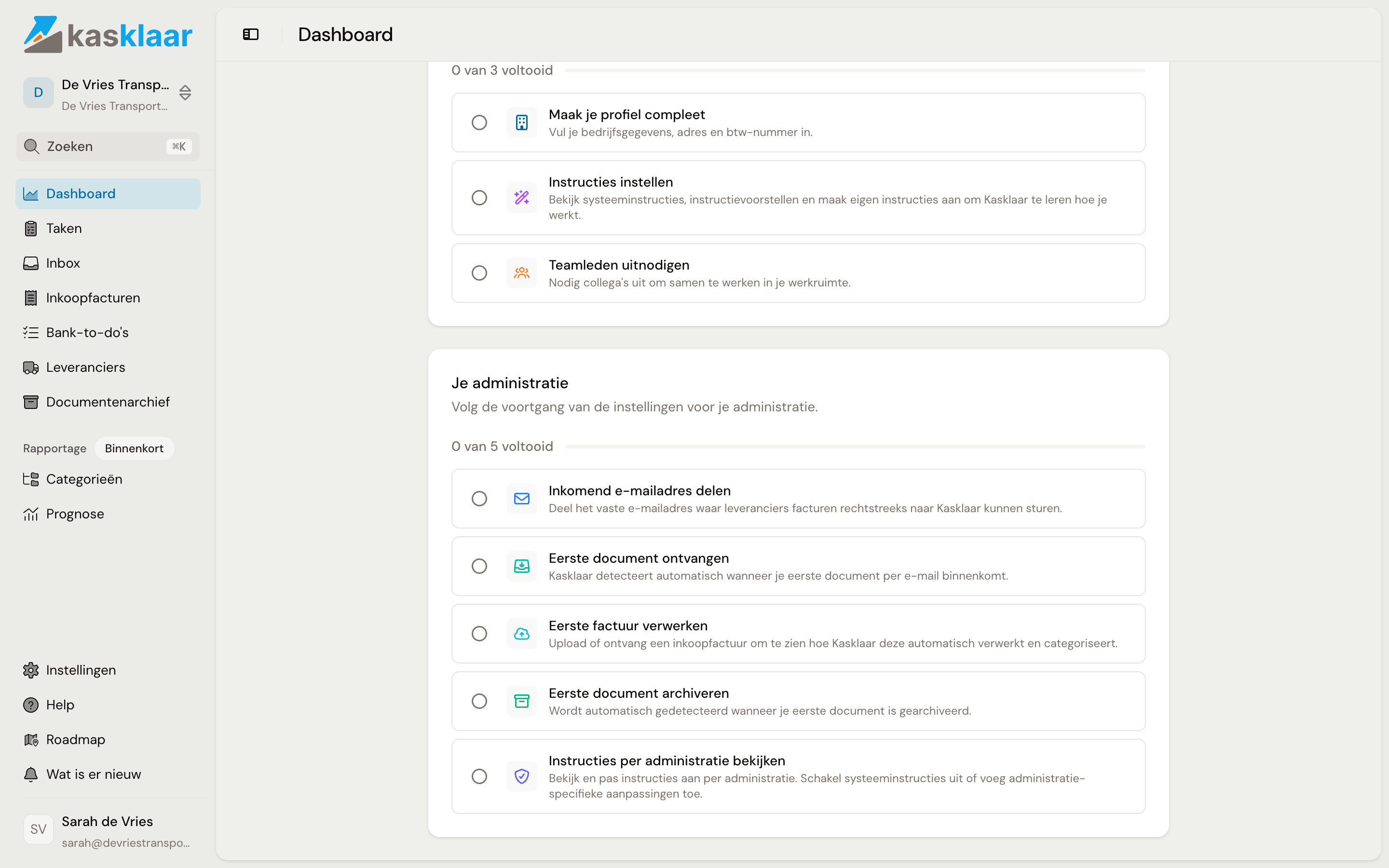 De checklist met de vijf taken onder Je administratie