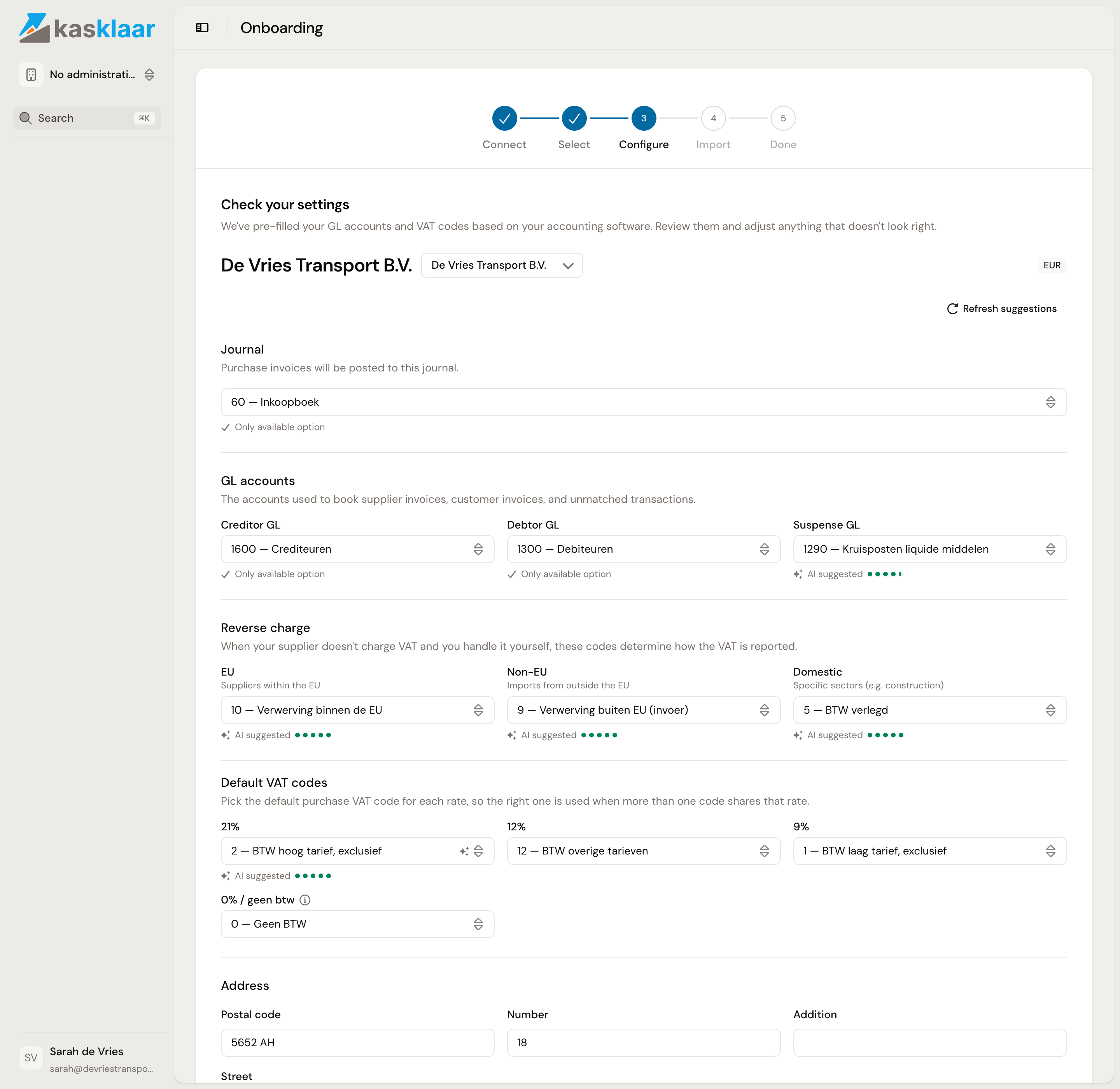 The Configure step with journal, GL accounts, reverse charge VAT and default VAT codes, filled in from Exact