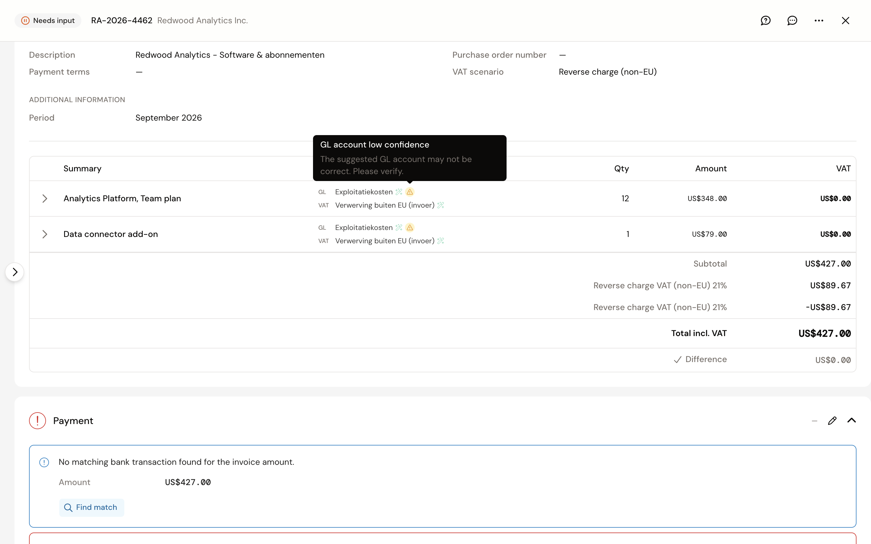 An invoice line with the warning icon next to the ledger account and the tooltip GL account low confidence