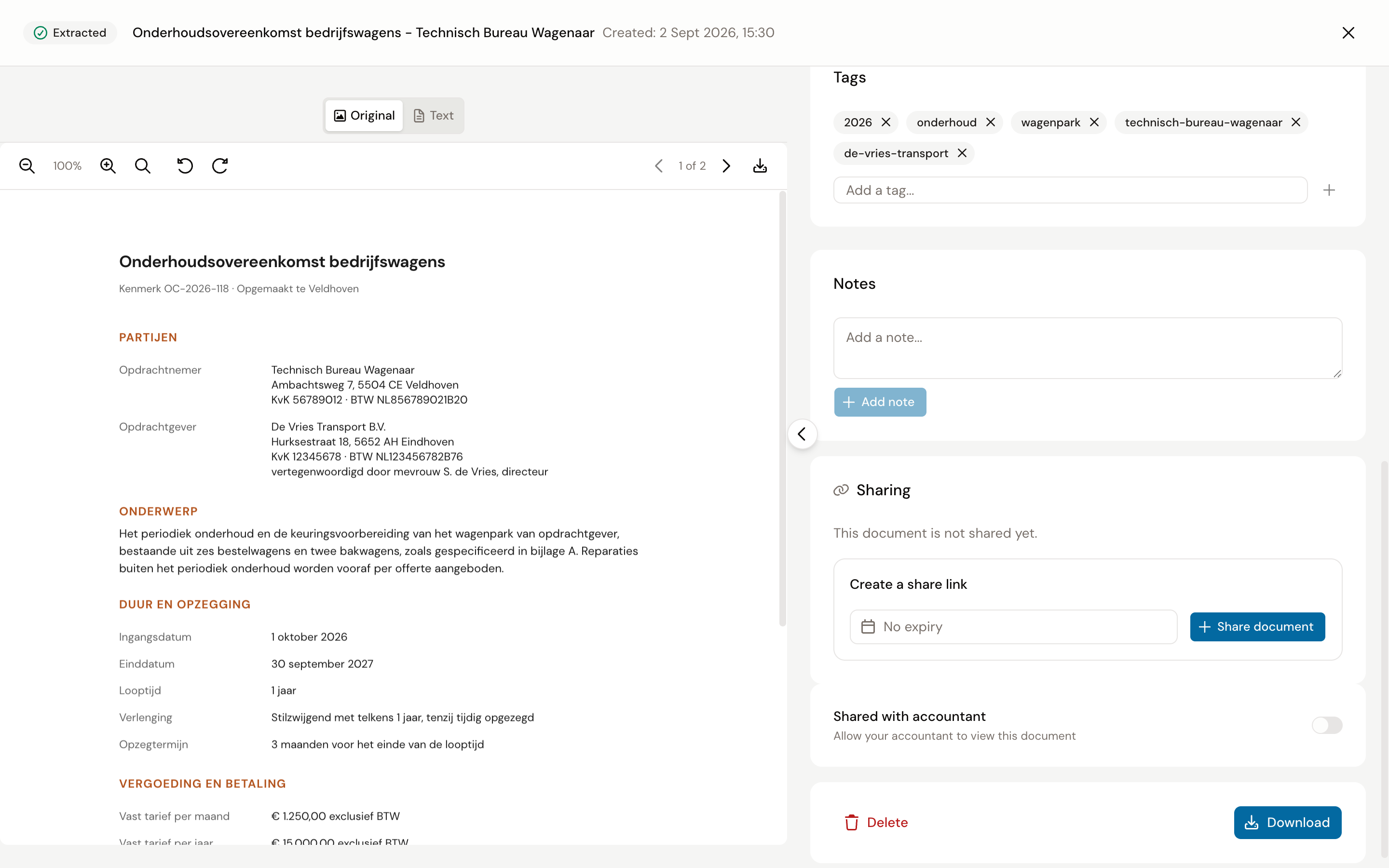 The lower part of the document screen with Tags, Notes, Sharing and the buttons Delete and Download