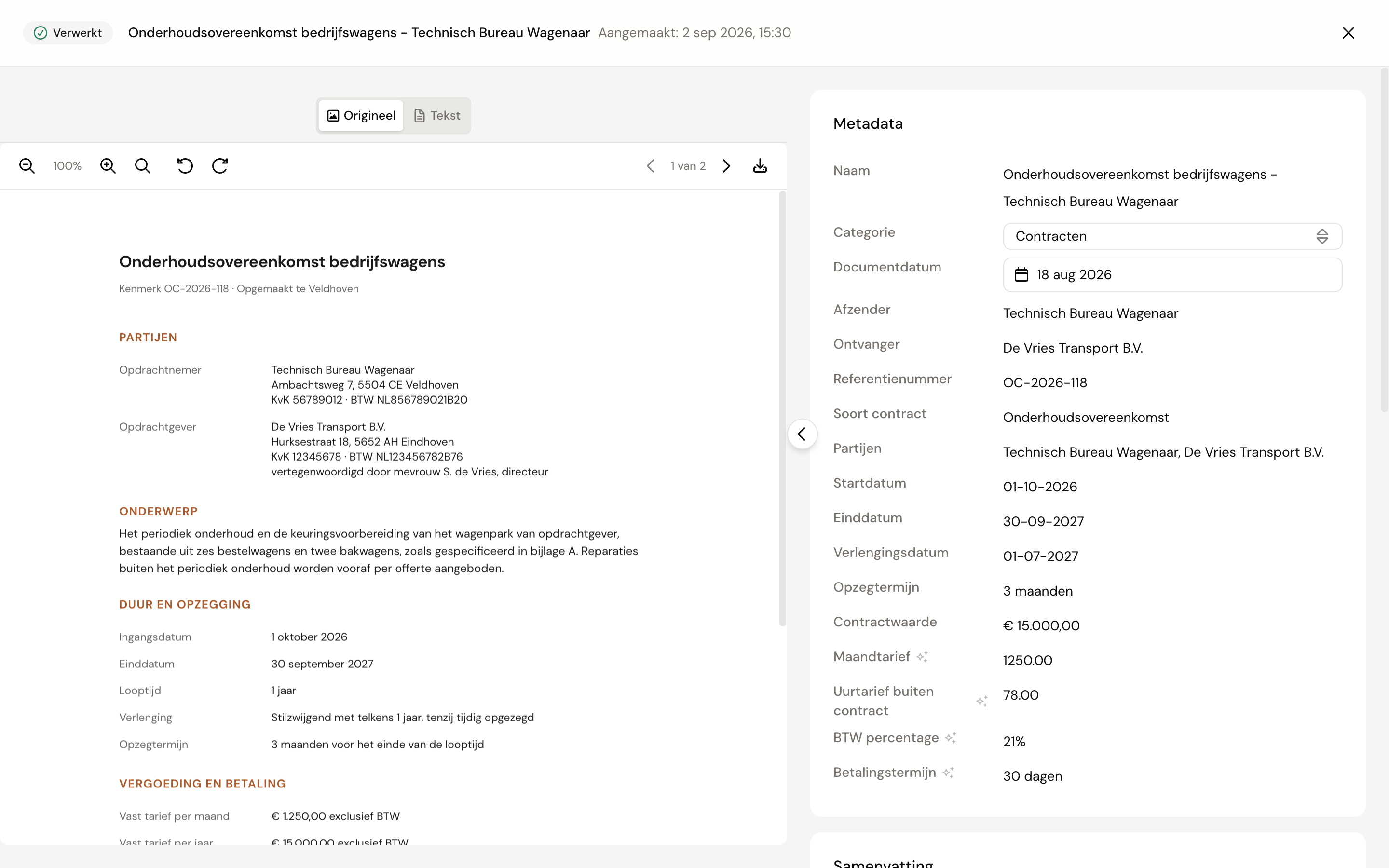 Het documentscherm van een onderhoudscontract, links het origineel en rechts de metadata met naam, categorie, datum, partijen, start- en einddatum, opzegtermijn en contractwaarde