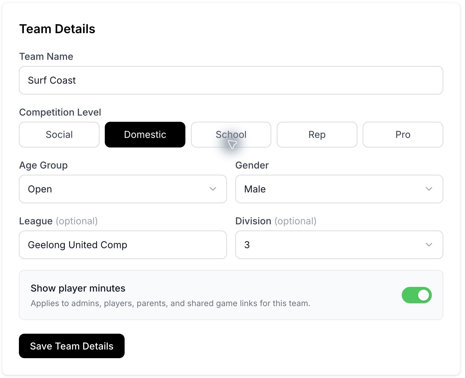 Team Details and the Show player minutes setting.