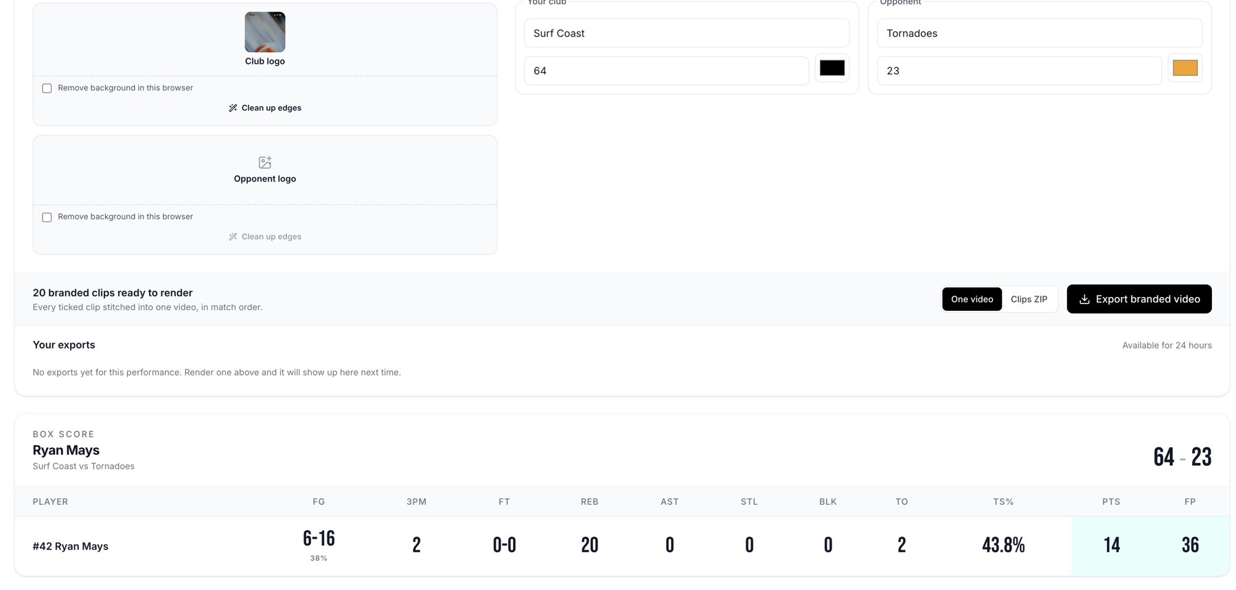 Graphic fields, export format controls, and export history.