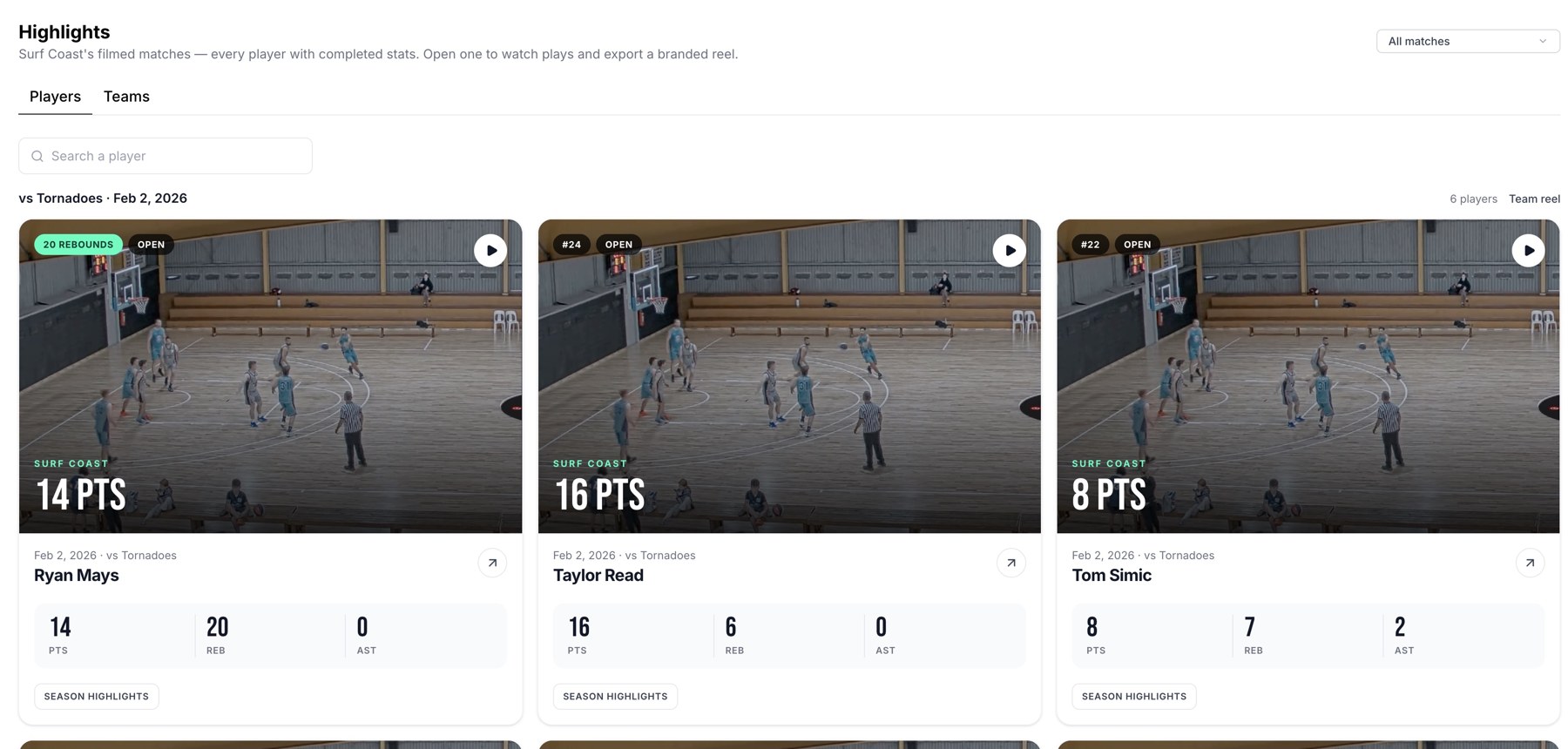 Browse player performances or use Teams to open a team reel.