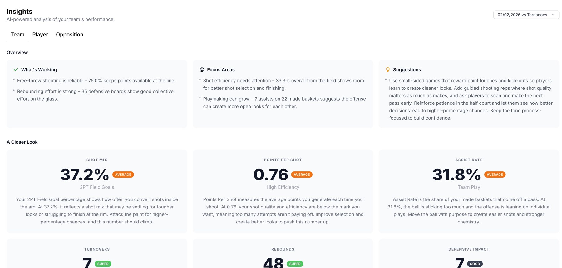 Team analysis with strengths, focus areas, and suggestions.