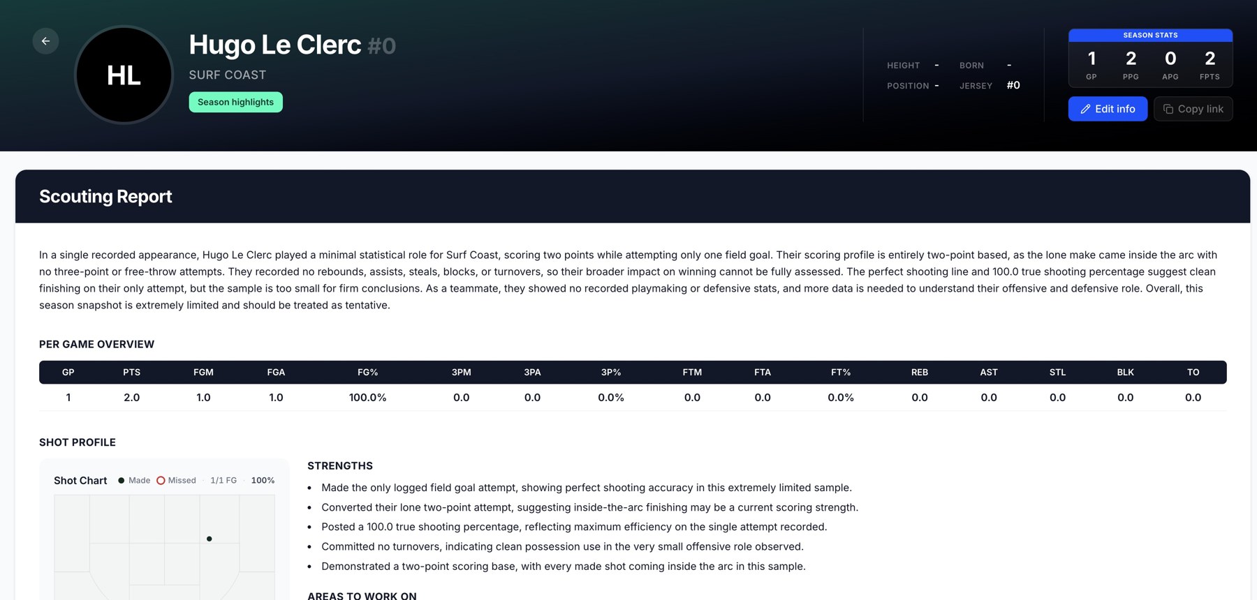 A demo player profile with scouting information and game statistics.