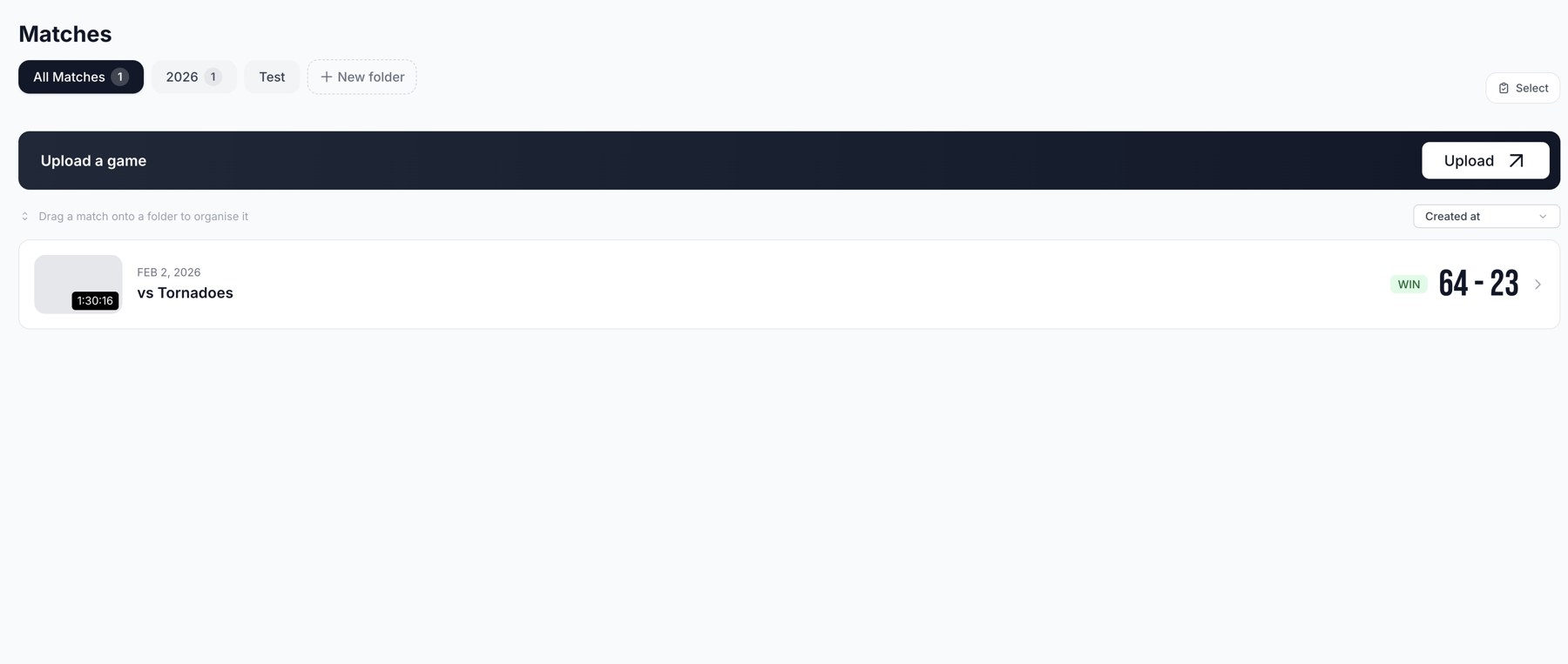 Matches: select the team, organise games, and open completed footage.