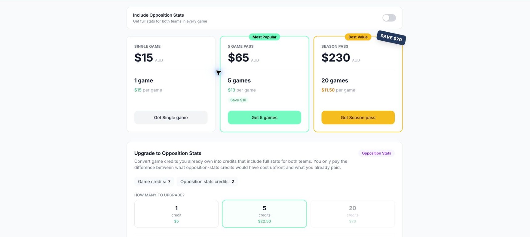 Credit packages and opposition upgrades. Use the live app for current prices.