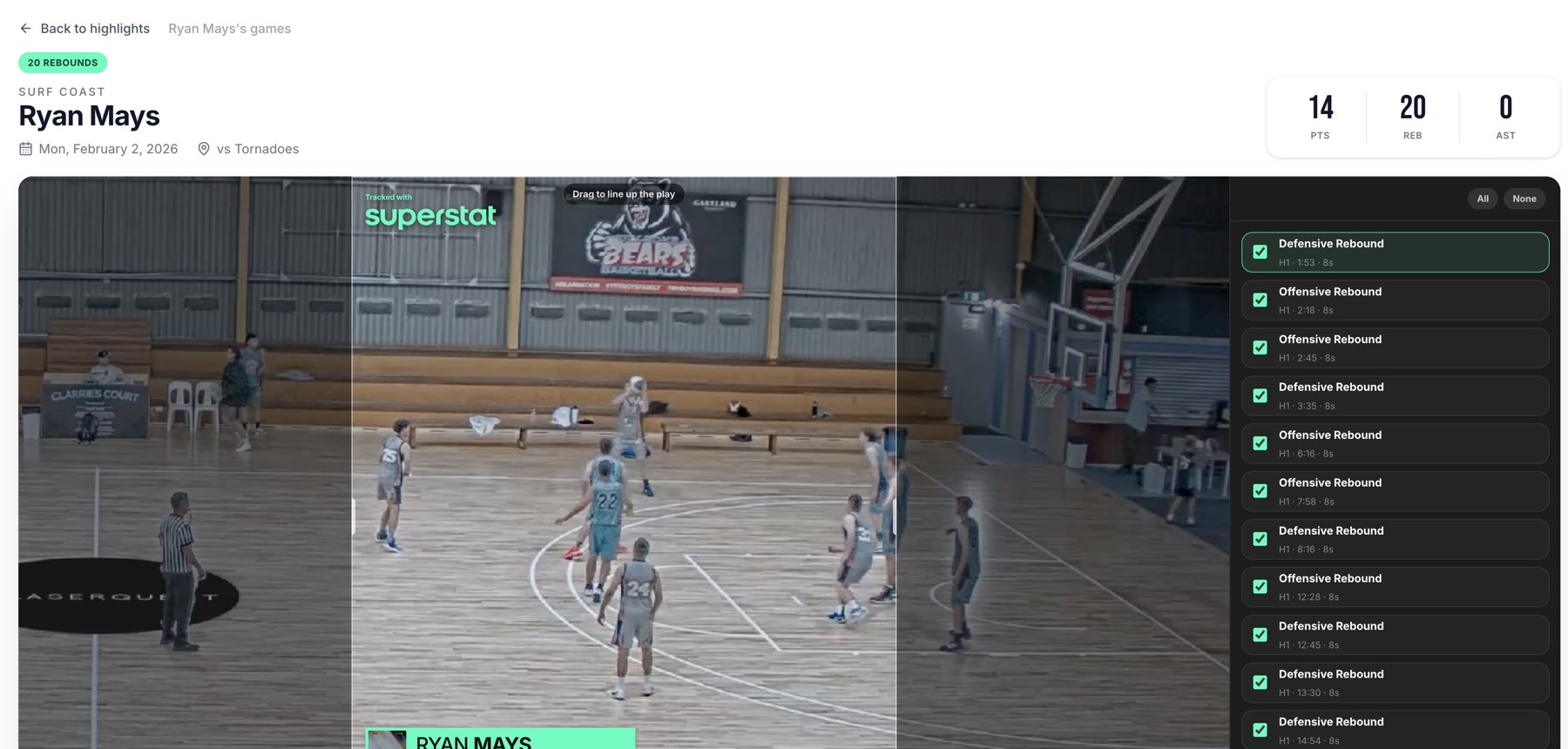 A player reel with footage and selectable moments.