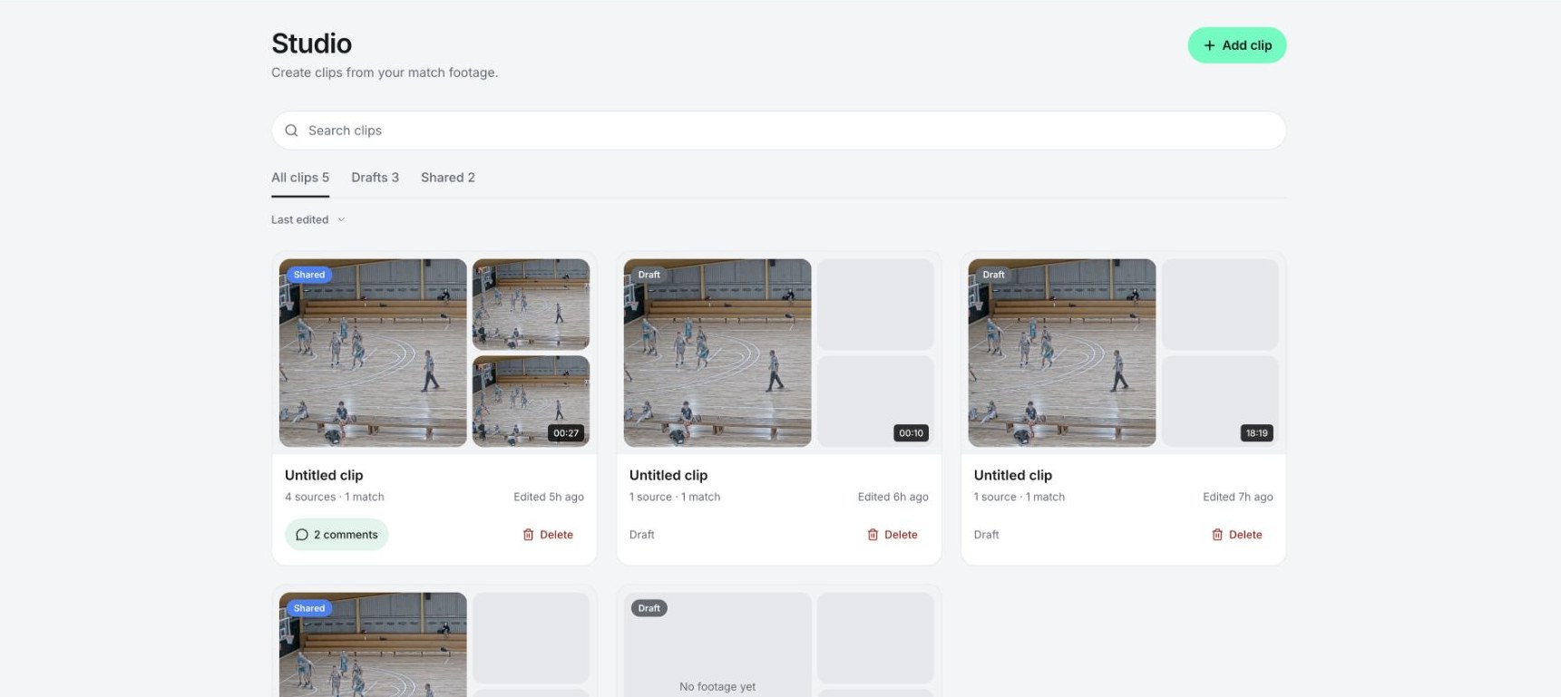 Studio's library of draft and shared coaching clips.