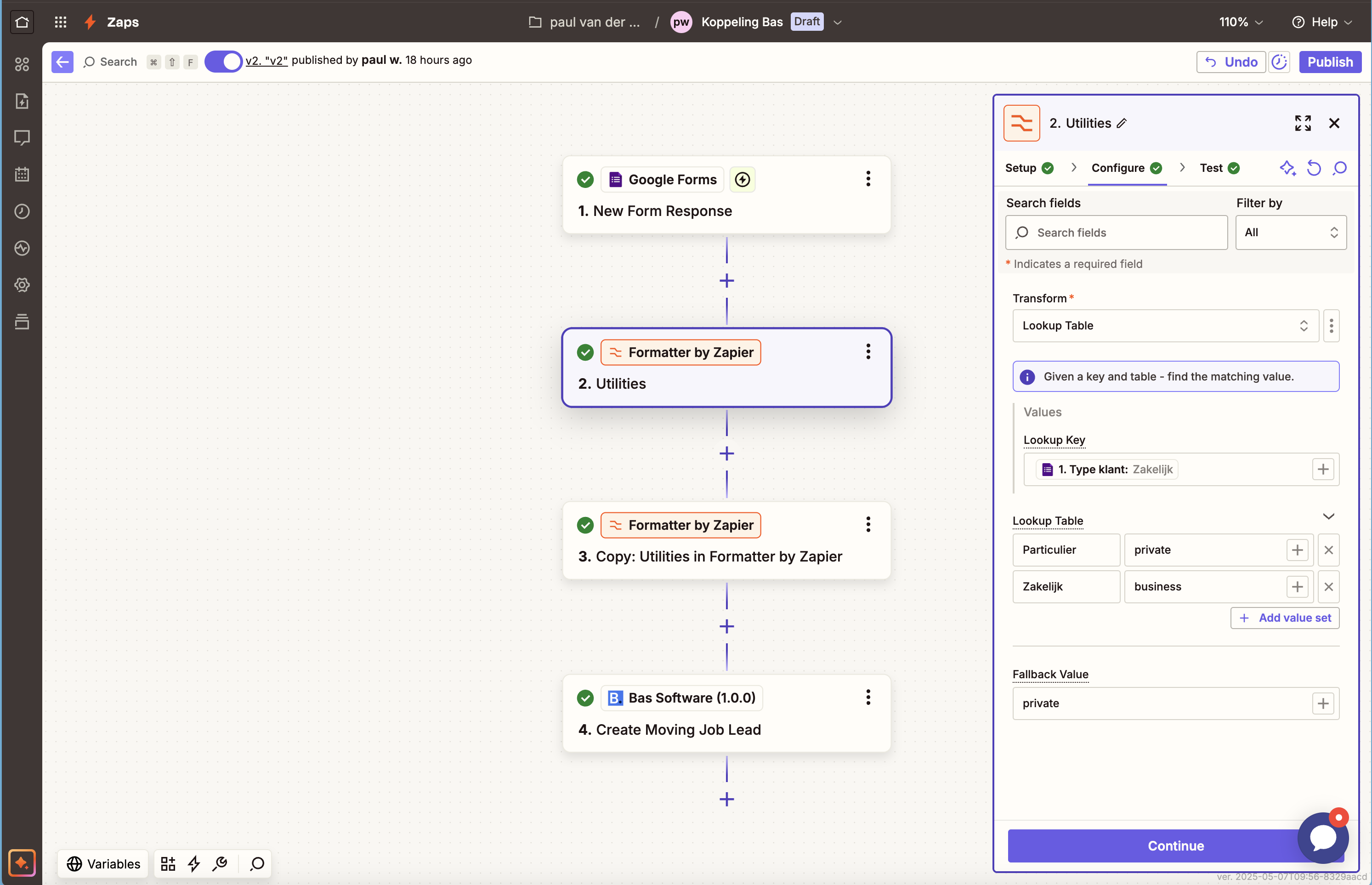 Een formatter in Zapier die particulier en zakelijk omzet naar private en business