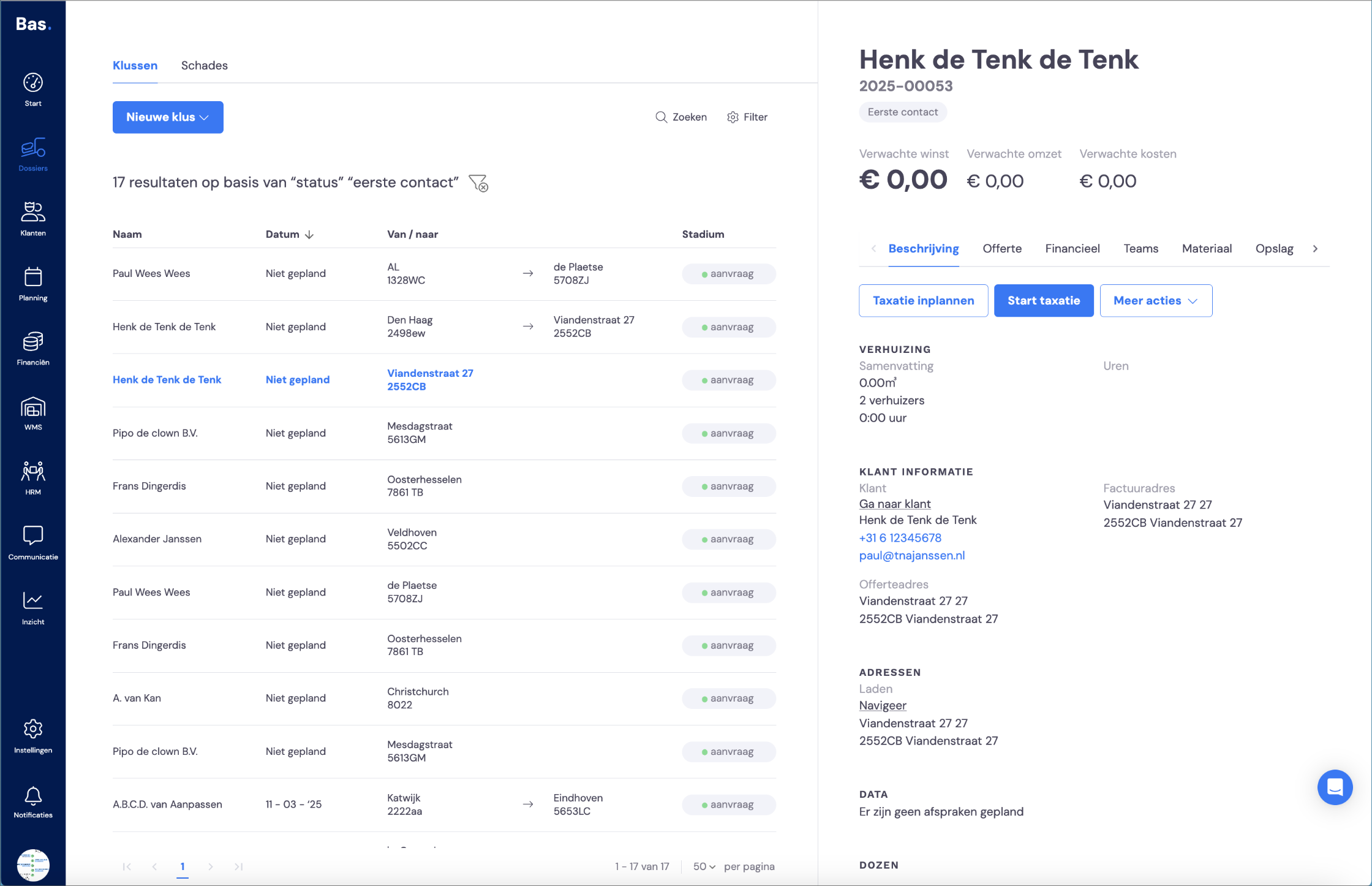 Een dossier in Bas dat uit een leadaanvraag is ontstaan, met de taak Taxatie inplannen