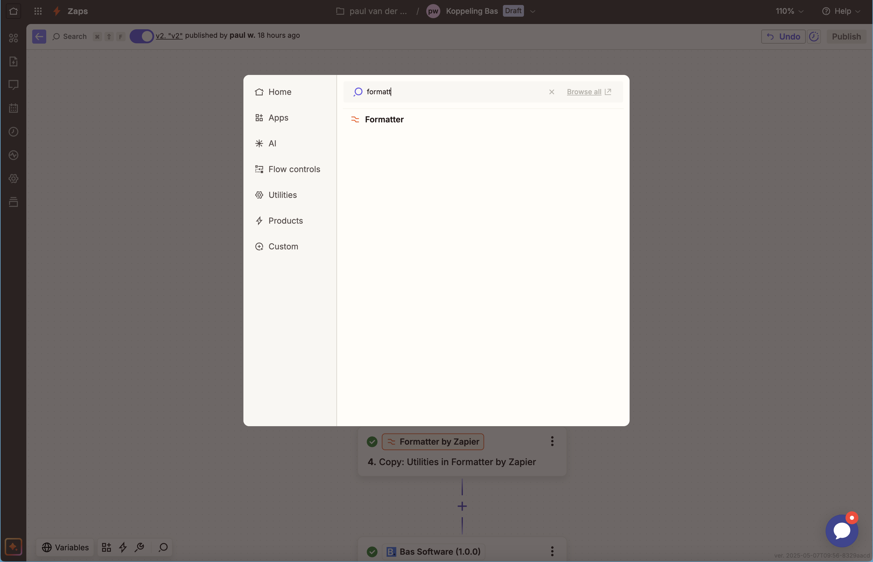 De keuze van een app in Zapier met Formatter by Zapier