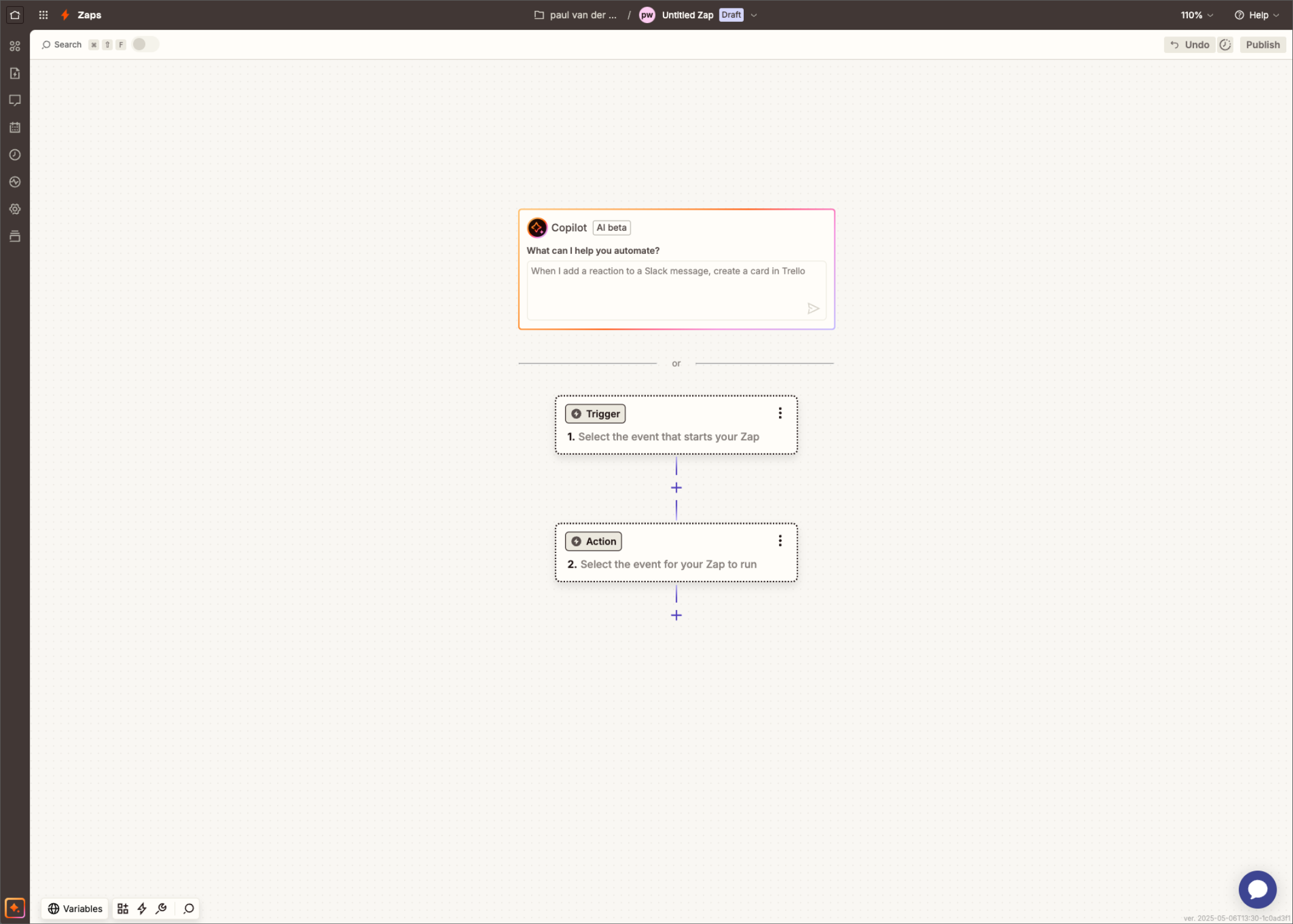 Een nieuwe Zap in Zapier met de stappen Trigger en Action