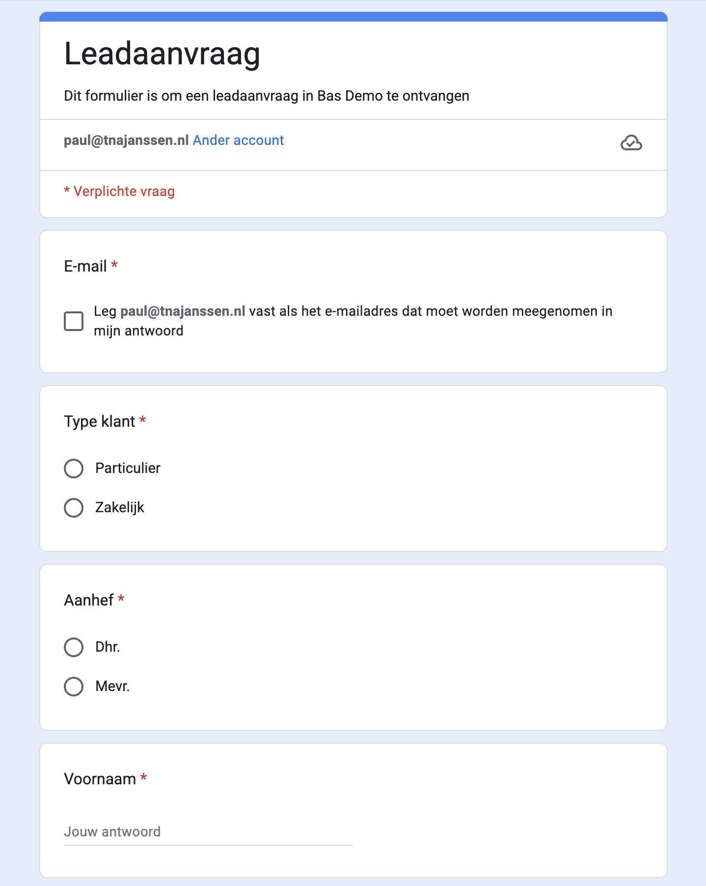 Een voorbeeldformulier in Google Forms voor een verhuisaanvraag