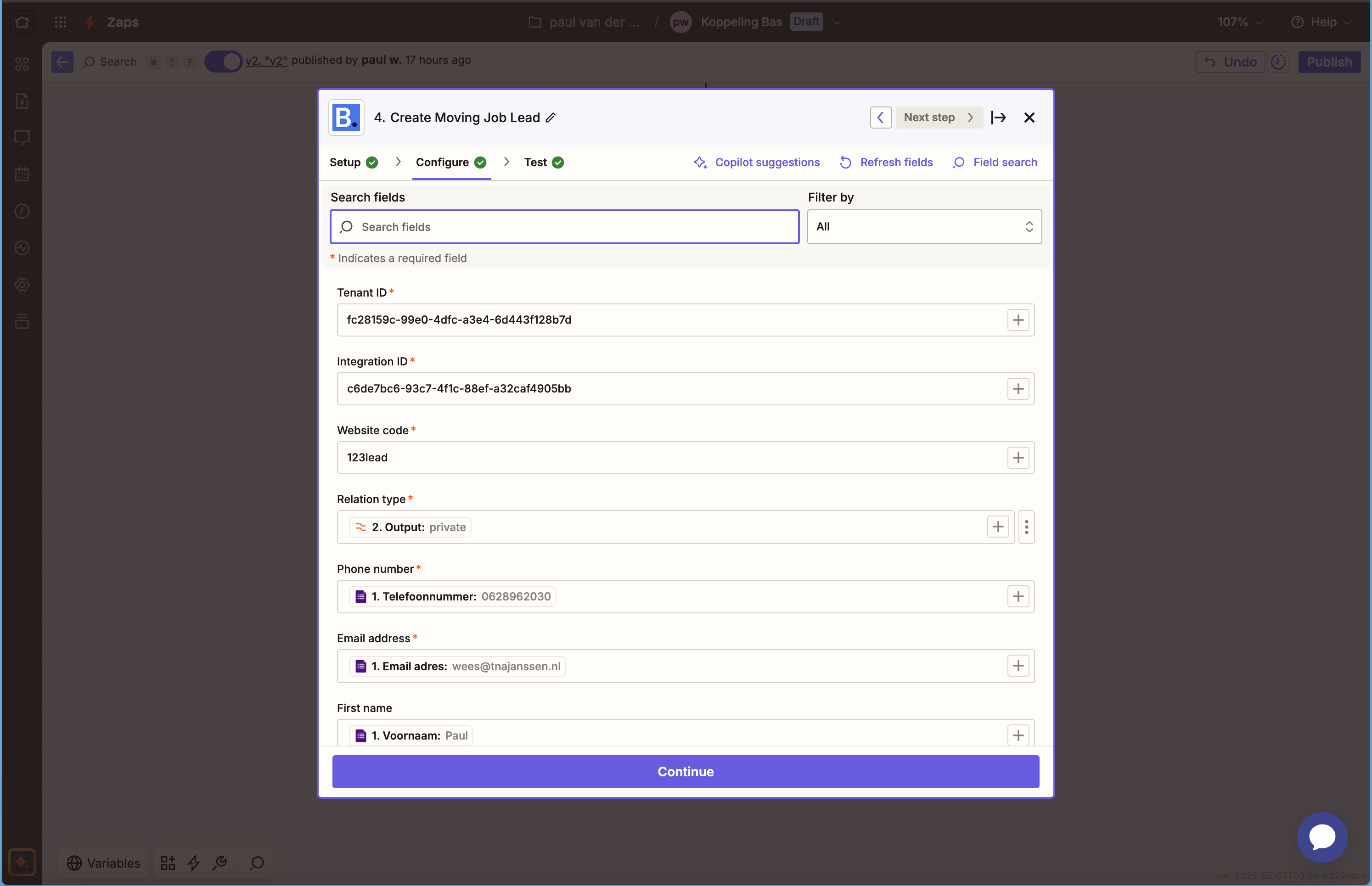 Het tabblad Configure van de action met de velden van Bas Software