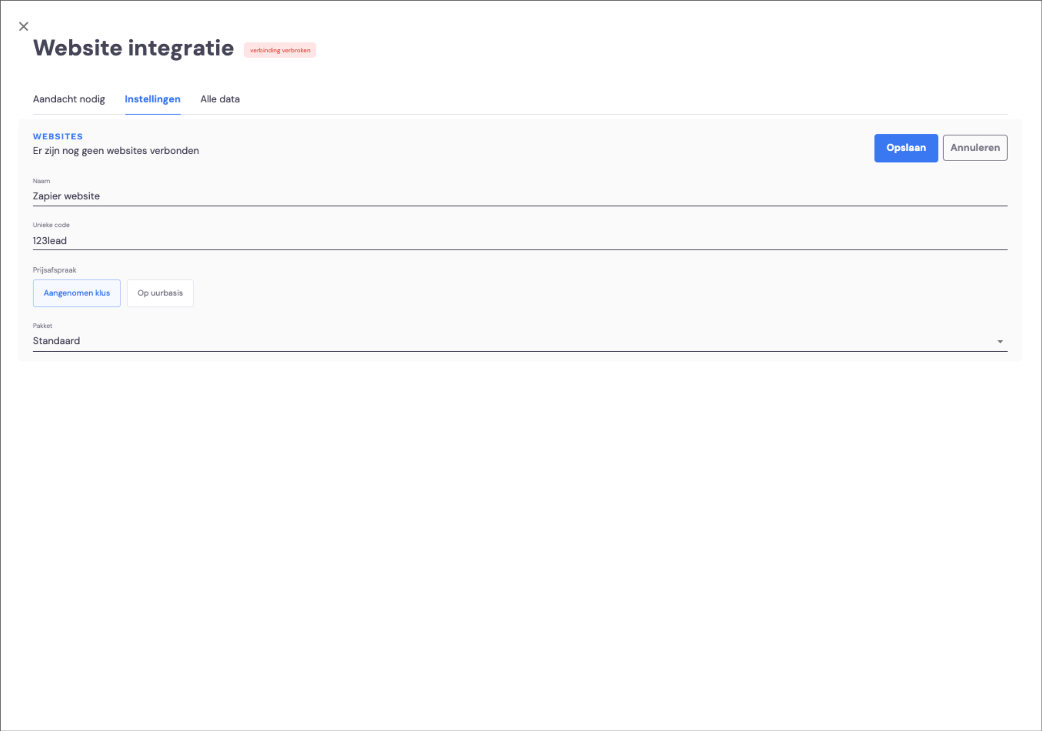 De instellingen van de website integratie met het potloodje om ze te bewerken