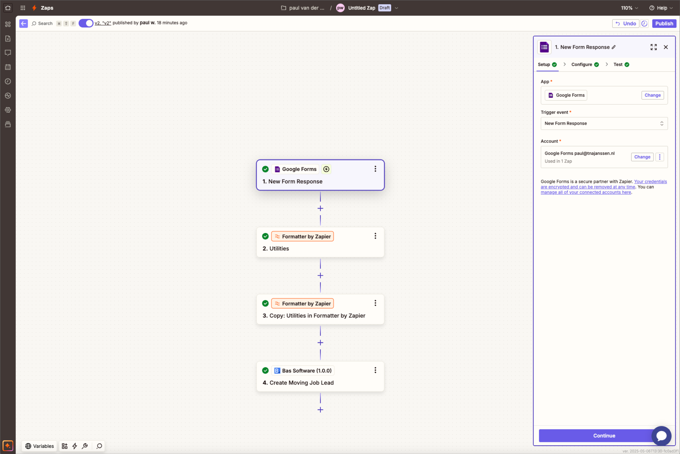 De trigger in Zapier met de tabbladen Setup, Configure en Test