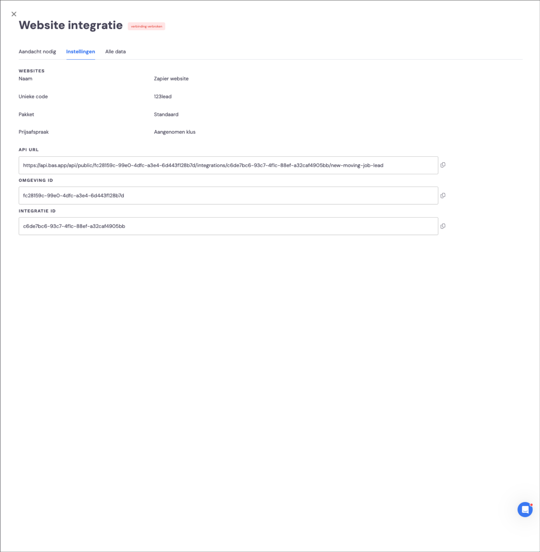 De website integratie in Bas met de API url, Omgeving ID en Integratie ID