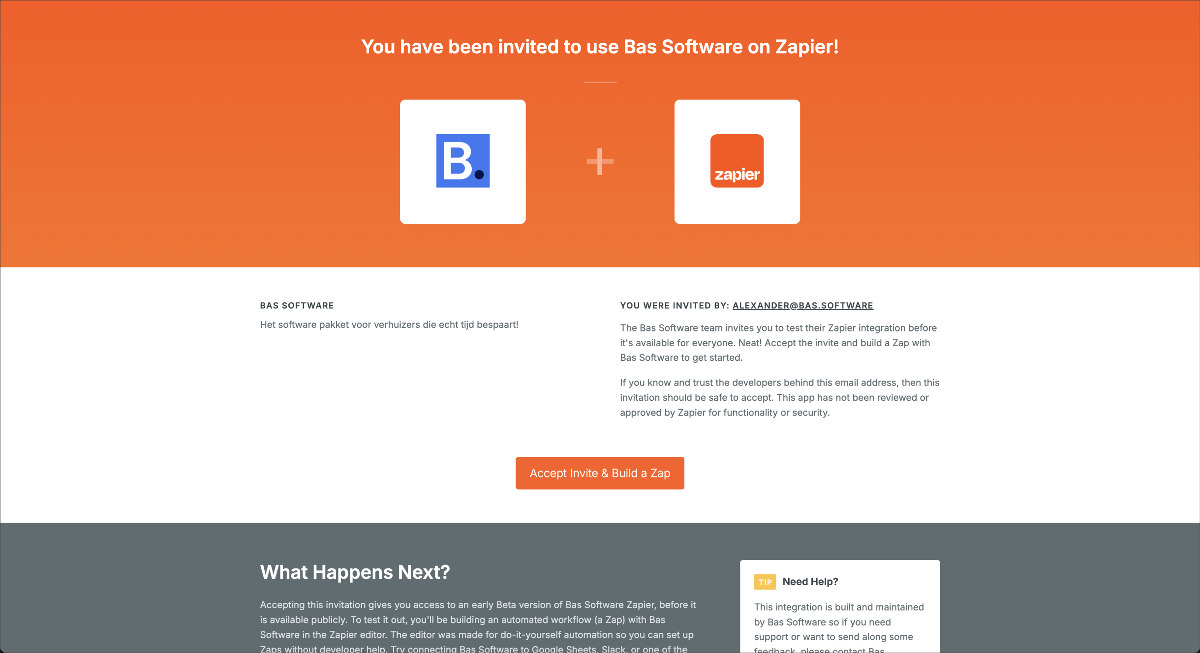 De uitnodiging voor Bas Software in Zapier met de knop Accept and Build a Zap