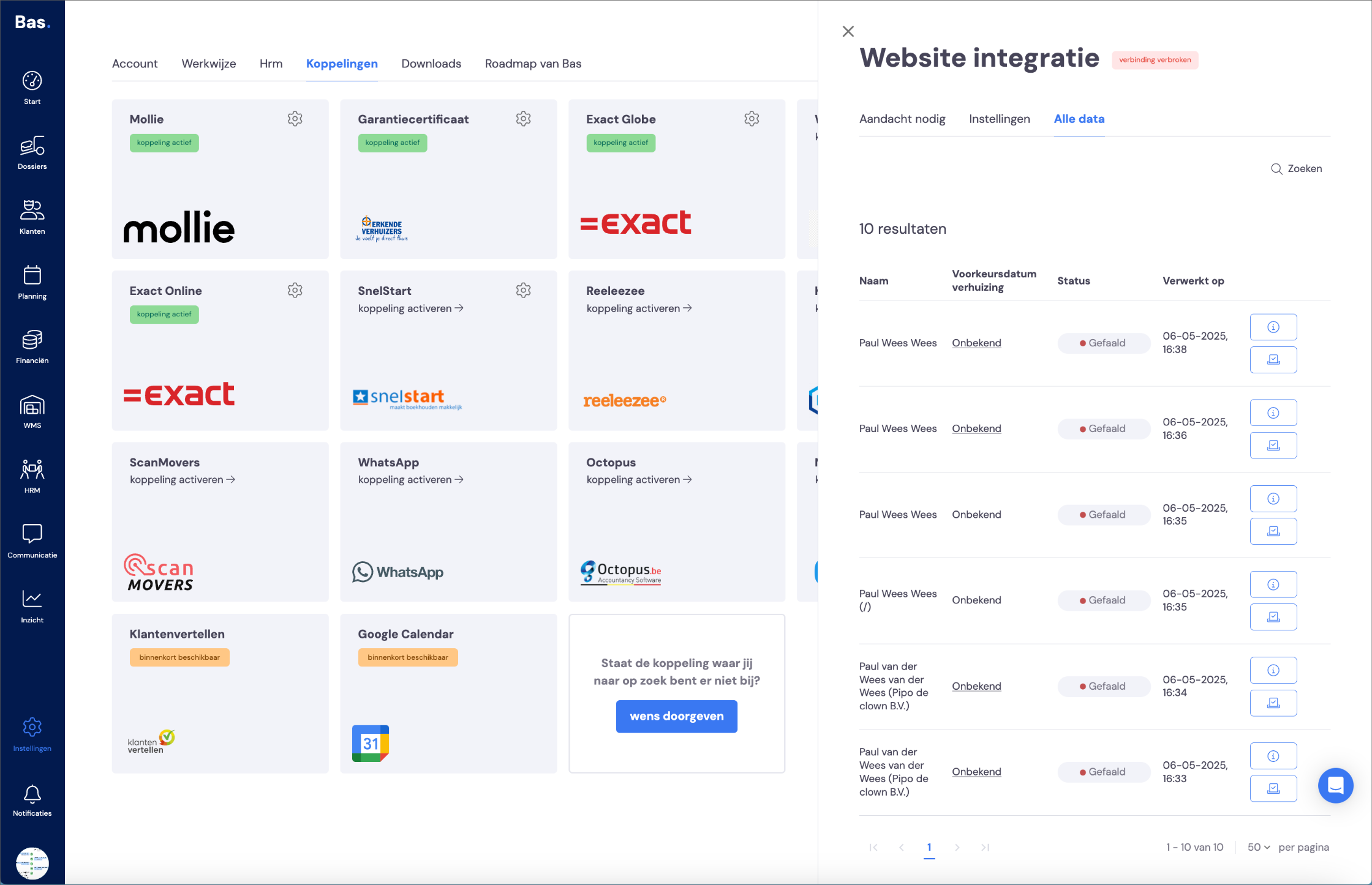 Het tabblad Alle data van de website integratie met de binnengekomen aanvragen