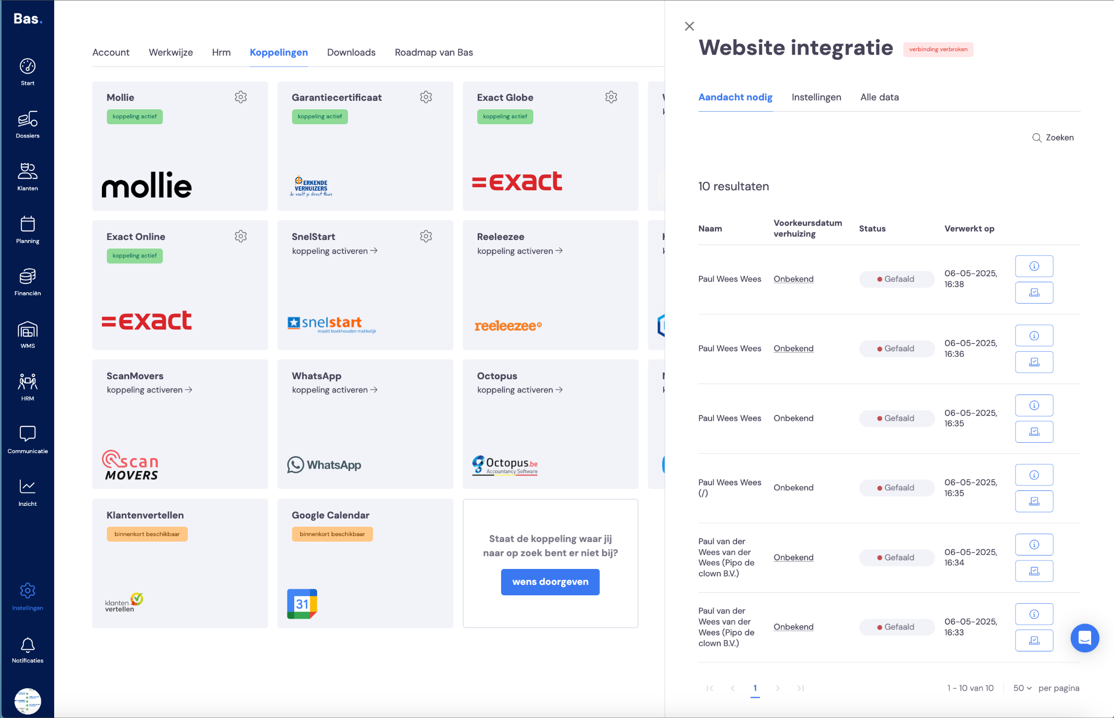 Het tabblad Aandacht nodig van de website integratie met een gefaalde aanvraag en de foutmelding