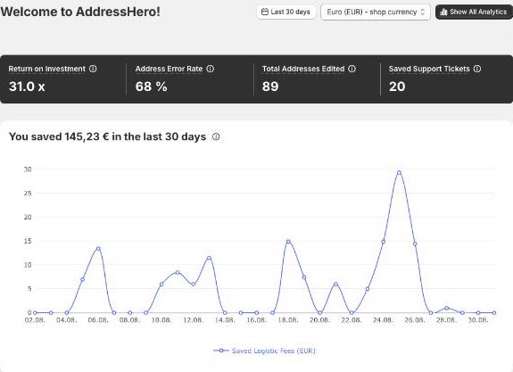 AddressHero dashboard with ROI and saved logistics fees