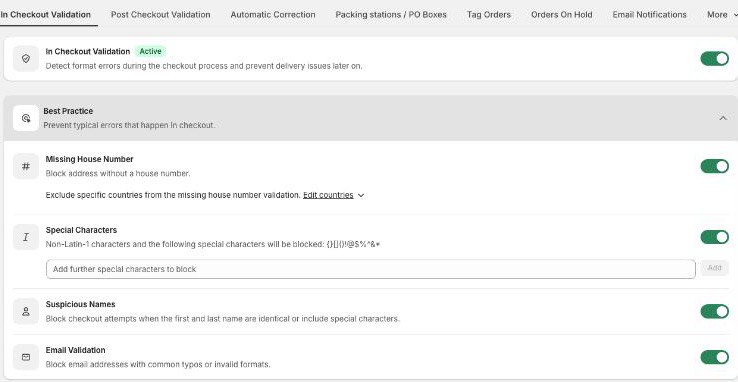 In-checkout validation settings with best practice rules